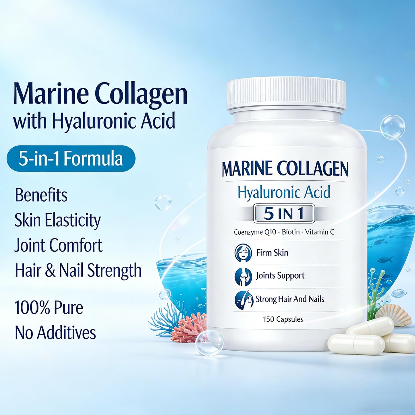 Roreiye Marine Collagen + Hyaluronic Acid 5-in-1 Premium Formula, Capsules, 150 Count