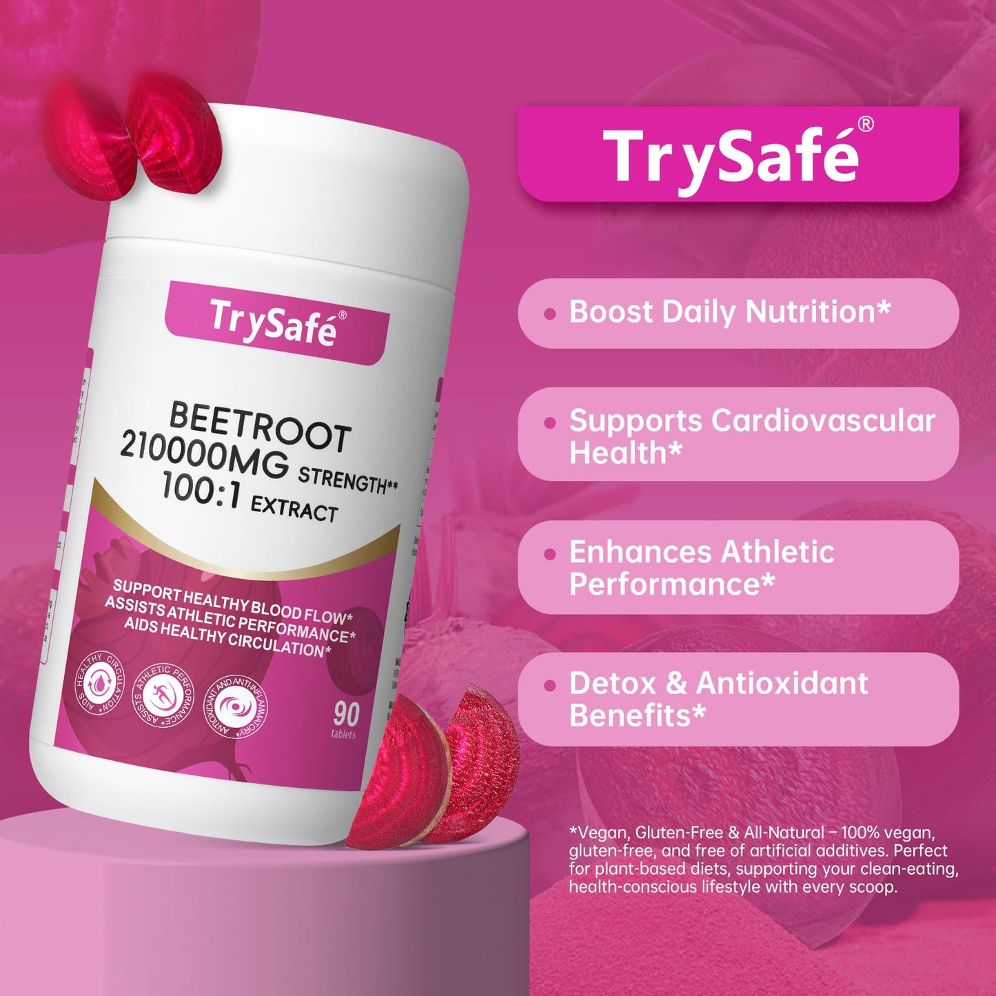 TrySafe Organic Beet Root 210000 mg Strength 100:1 Extract Tablets, 90 Count