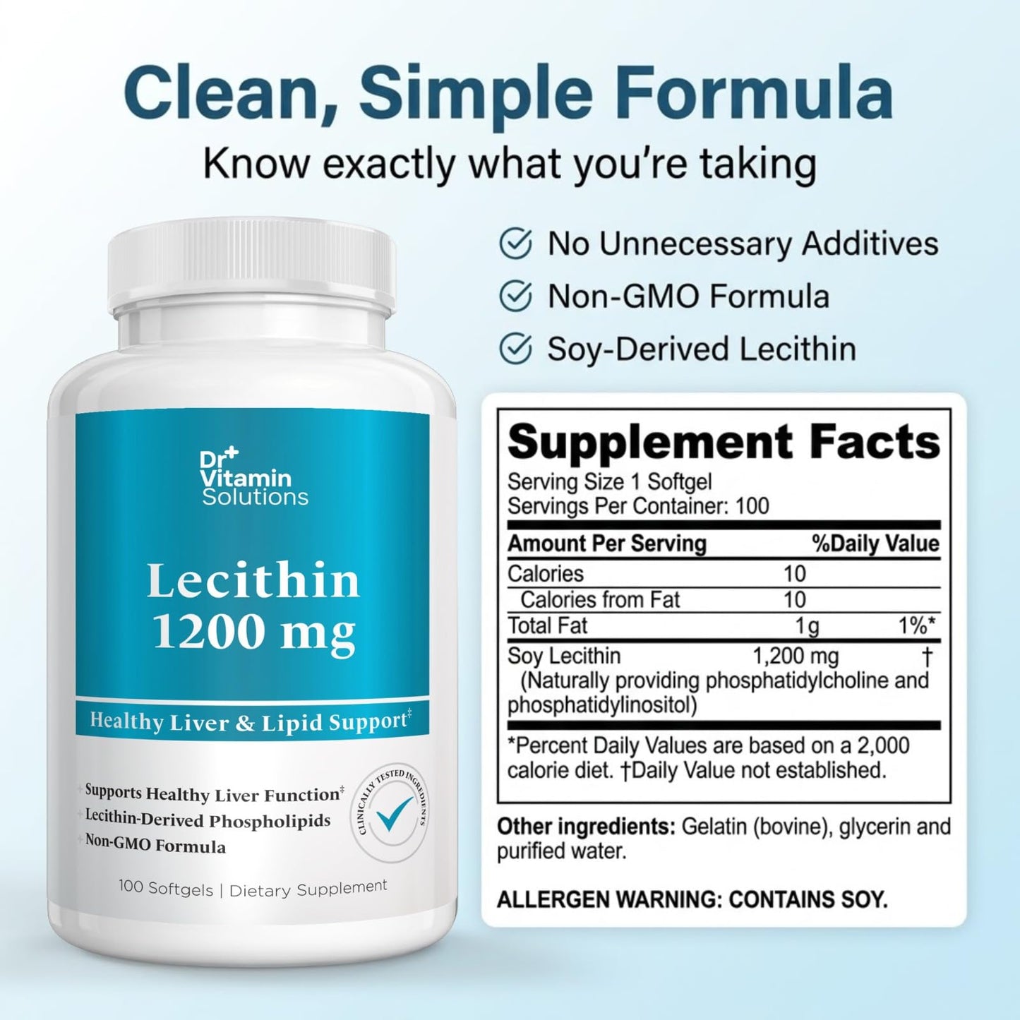 DR VITAMIN SOLUTIONS Soy Lecithin 1200 mg Softgels, 100 Softgels