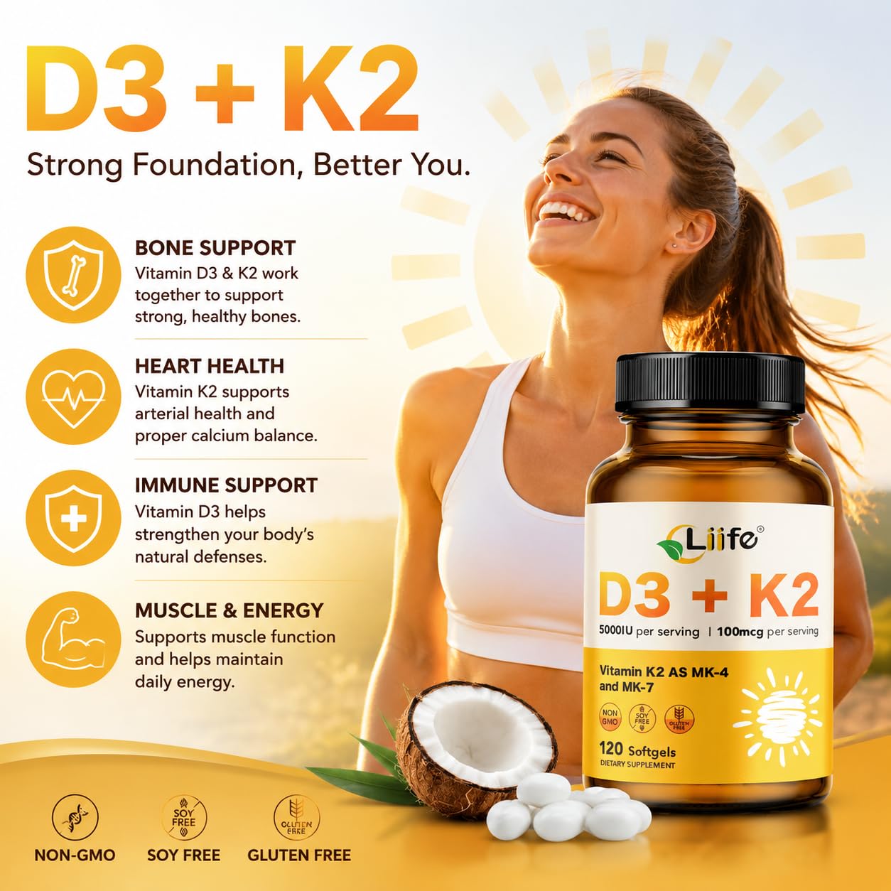 LIIFE Vitamin D3 + K2 Softgels 120 Count