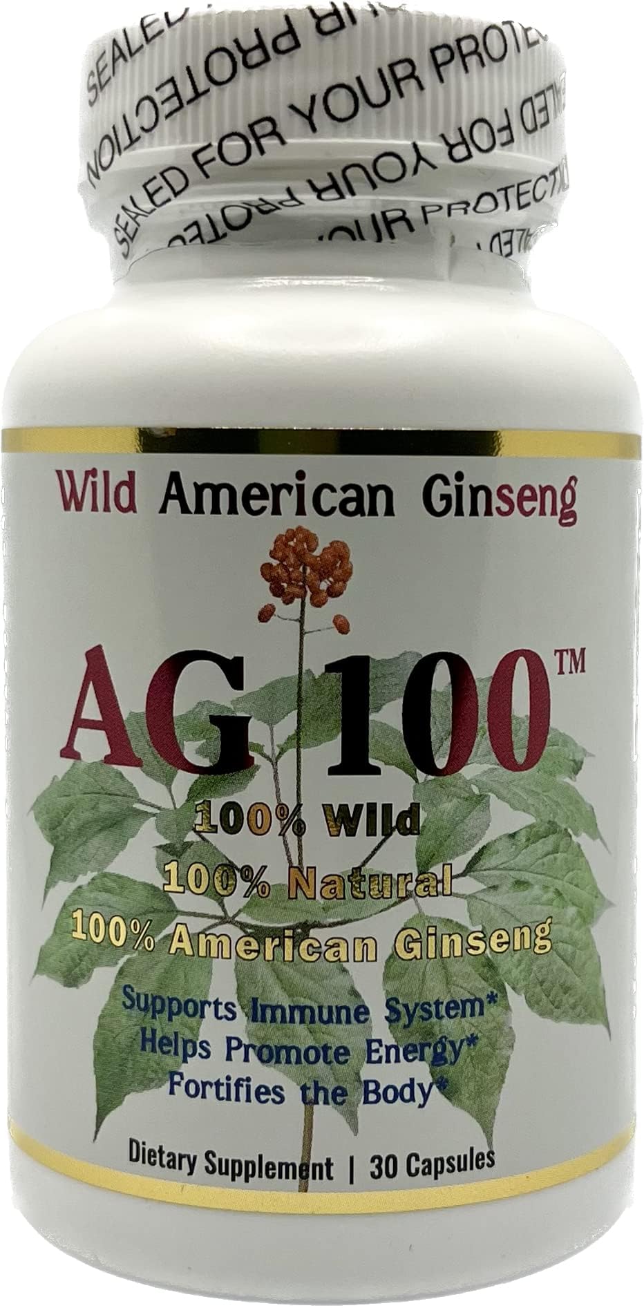 AG 100 100% Pure Wild American Ginseng Capsules, 30 Count