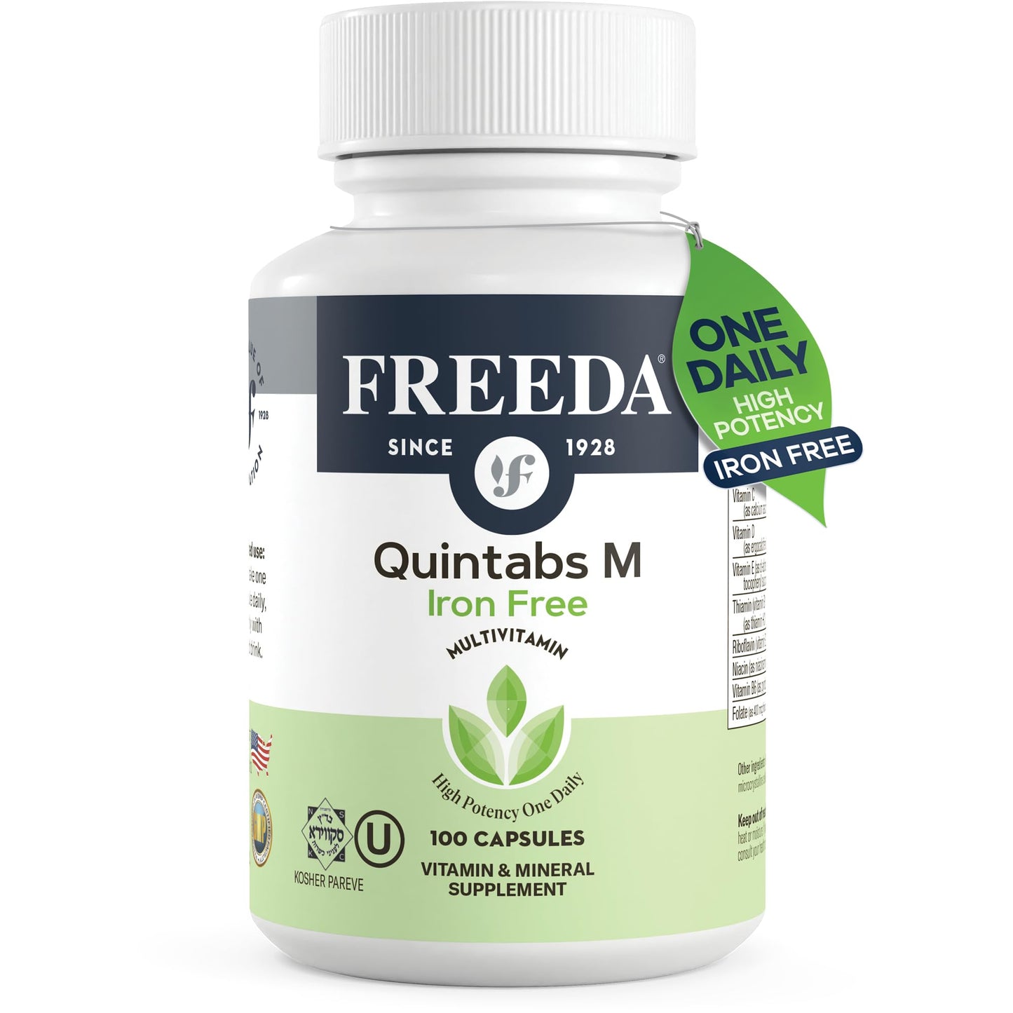 FREEDA One Daily Multivitamin Without Iron – Quintabs-M Iron-Free – Kosher, Balanced Multivitamin Supplements for Adults, Men & Women's Health Complete Multivitamins 100 Capsules