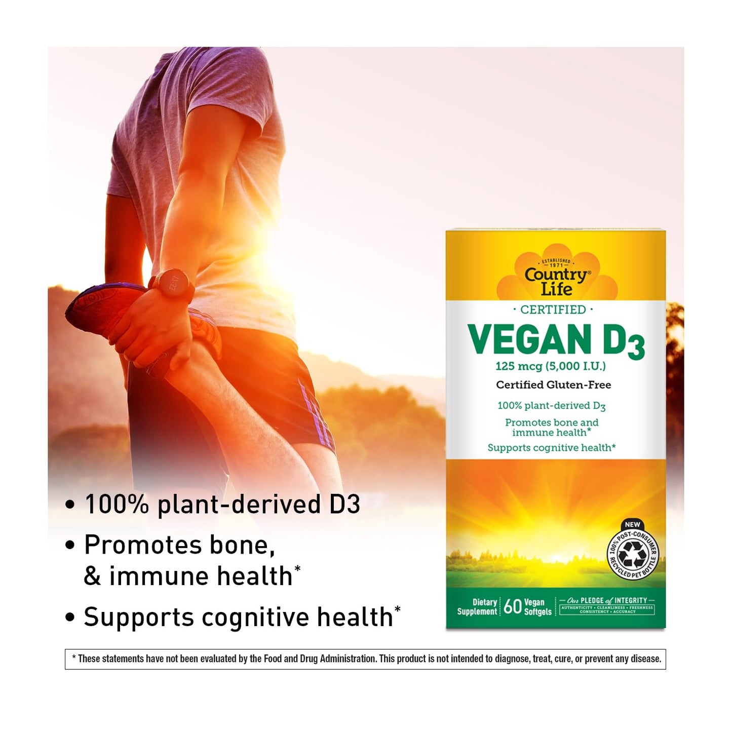 Country Life Vegan D3 5000 IU - Plant-Derived Vitamin D3 from Lichen Softgels, 60 Count