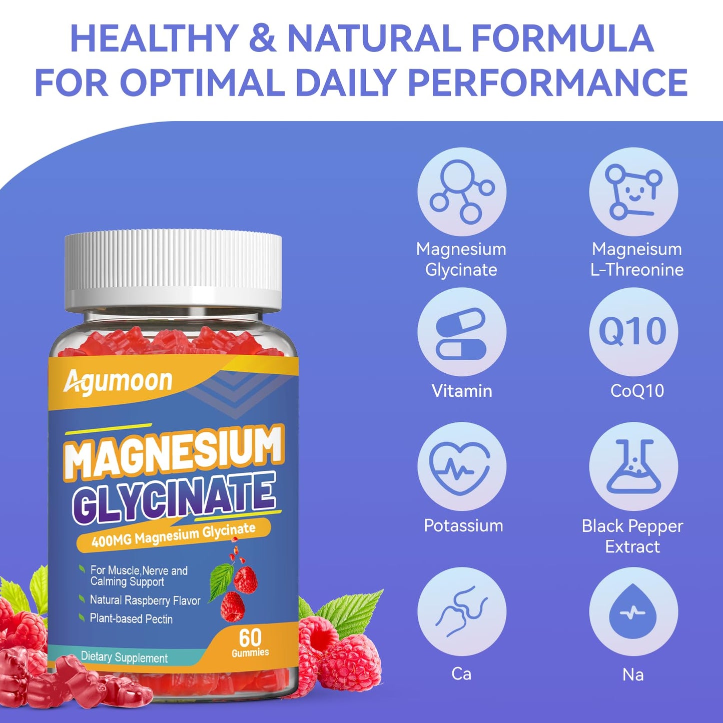 Agumoon Magnesium Glycinate Gummies 400mg with L-Threonate 200mg, 60 Count