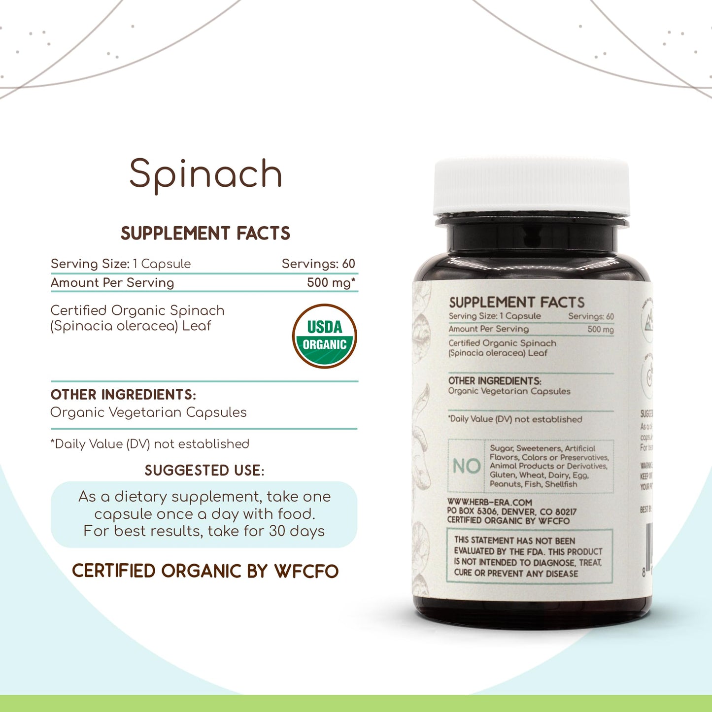HerbEra Spinach 500 mg Capsules, 60 Count, USDA Organic Spinach (Spinacia oleracea) Dried Leaf