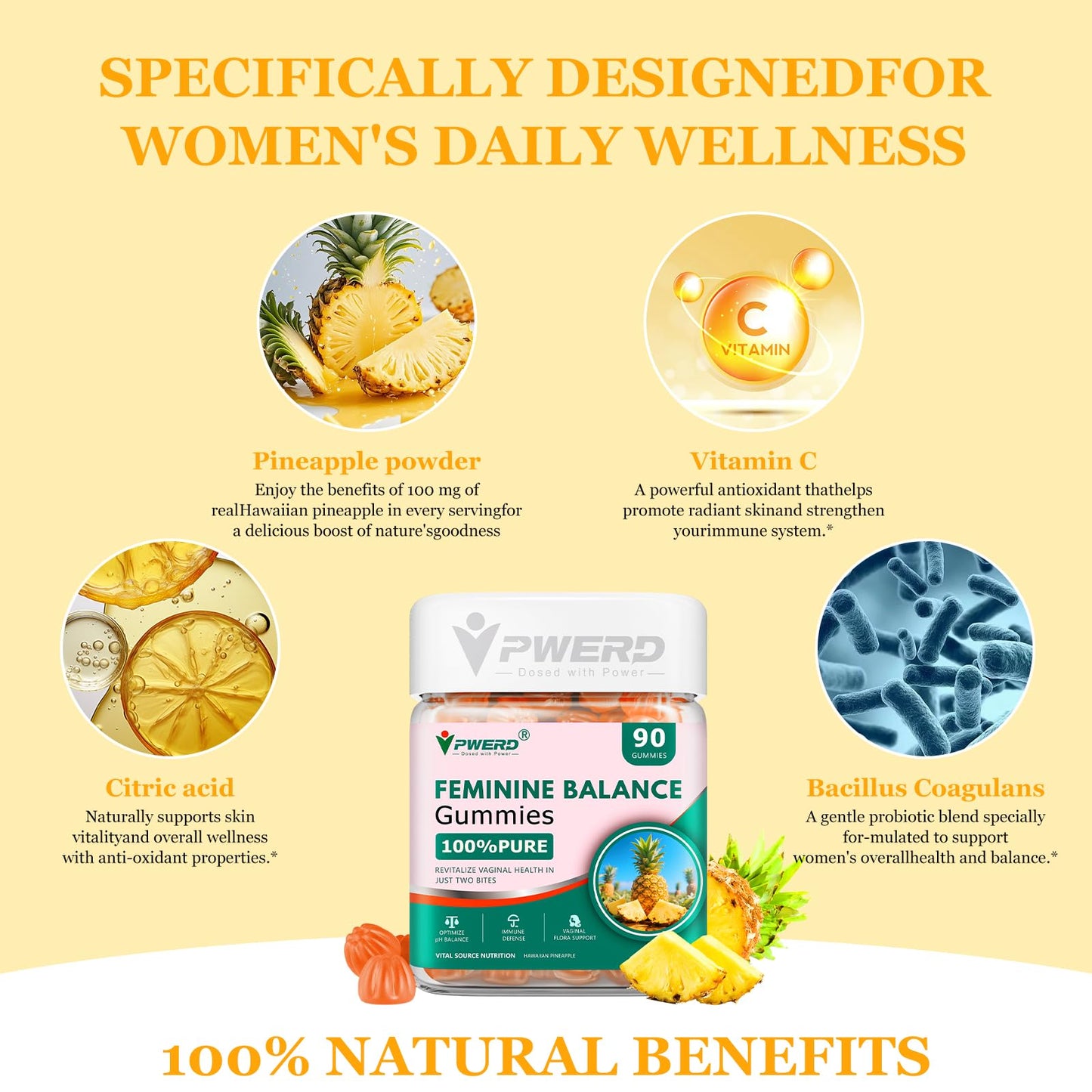 PWERD Feminine Balance Pineapple Vaginal Probiotics Gummies for Women, 180 Count