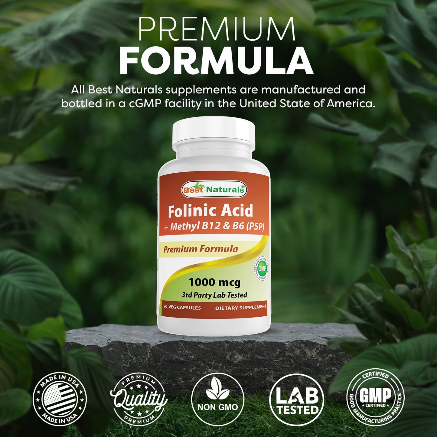 Best Naturals Folinic Acid 1000 mcg with Methyl B12 1000 mcg & Vitamin B6 (P5P) 5 mg, 90 Veg Capsules
