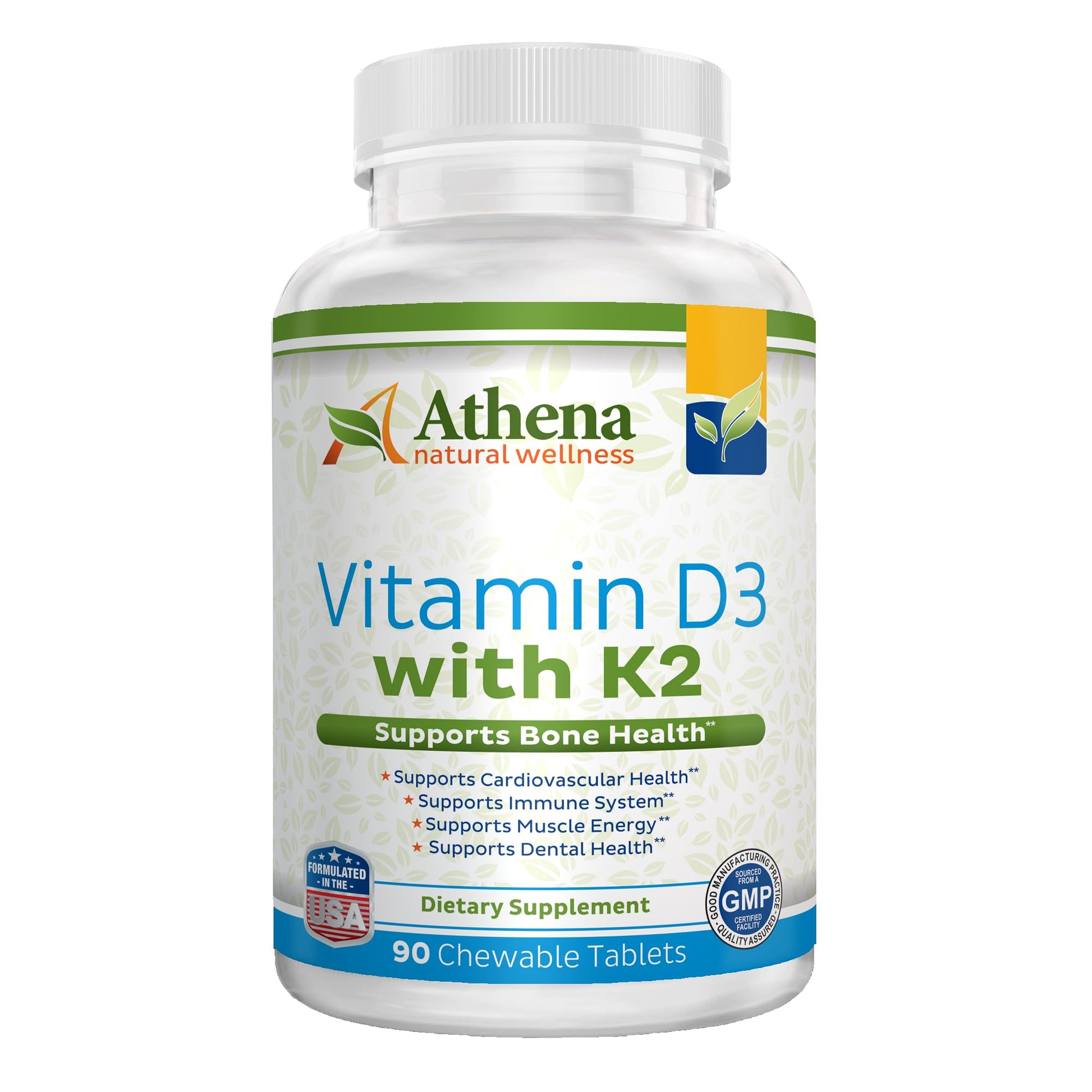 Athena Natural Wellness Vitamin D3 2000IU with K2 (MK7) Chewable Tablets, 90 Tablets