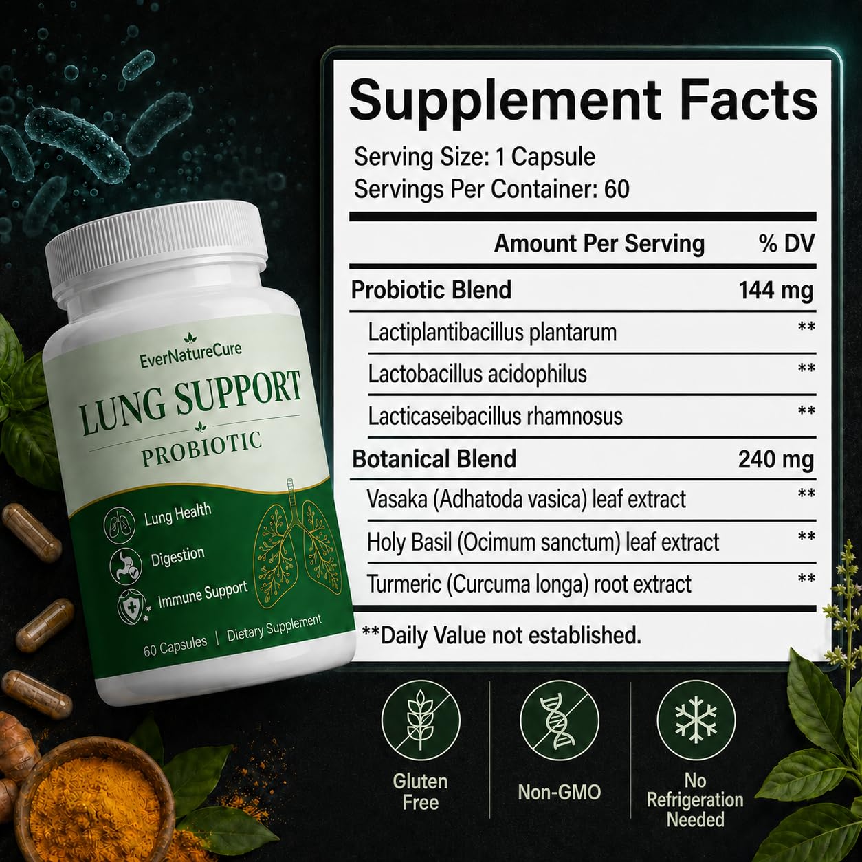 EVERNATURECURE Lung Support Probiotic Capsule, 60 Capsules