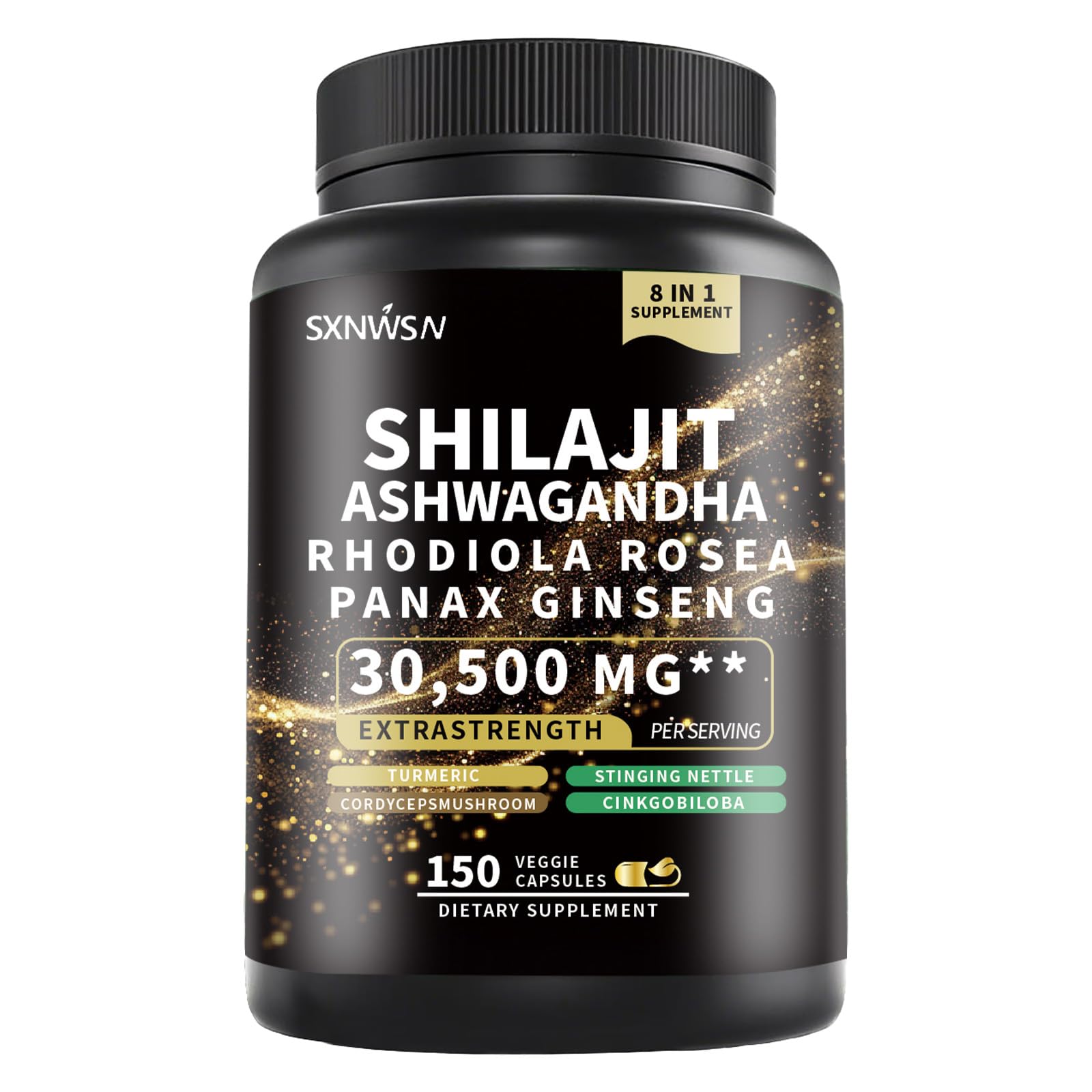 SXNWSN Shilajit Complex with Ashwagandha Rhodiola Rosea Ginseng Cordyceps Capsule, 1 Count