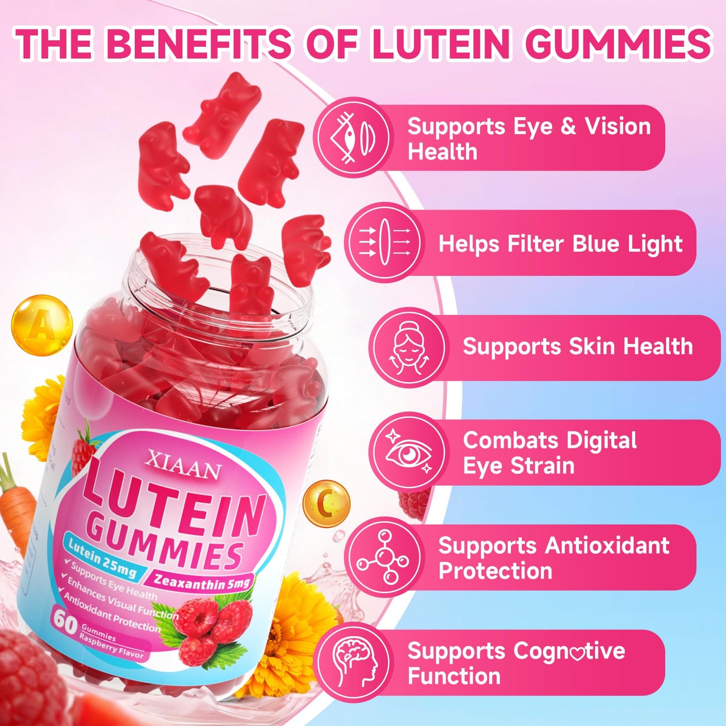 XIAAN Lutein and Zeaxanthin Gummies with Zeaxanthin, Vitamins A, C, E, Bilberry, Astaxanthin for Vision Health - Raspberry Flavor, Sugar-Free/Vegan - 120 Gummies