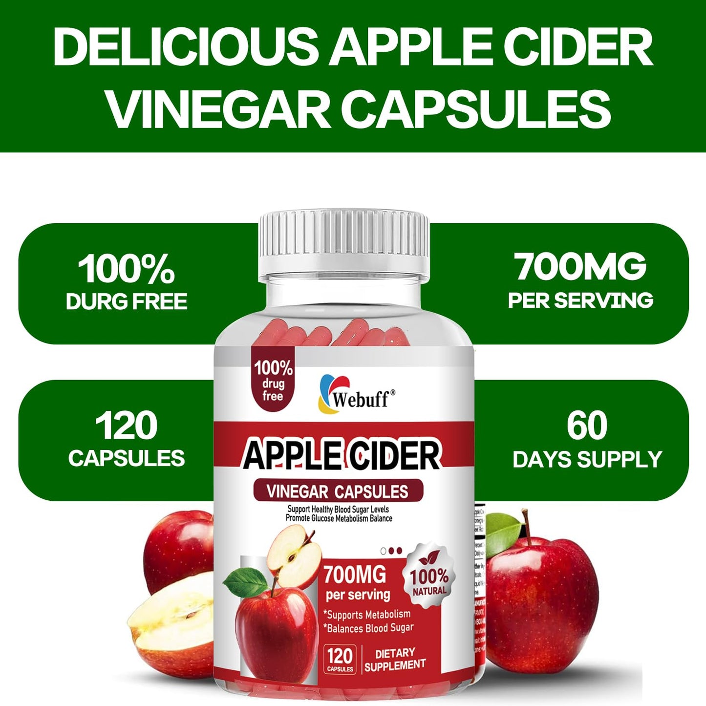Webuff Apple Cider Vinegar 700mg with Mother Vegan, 240 Capsules