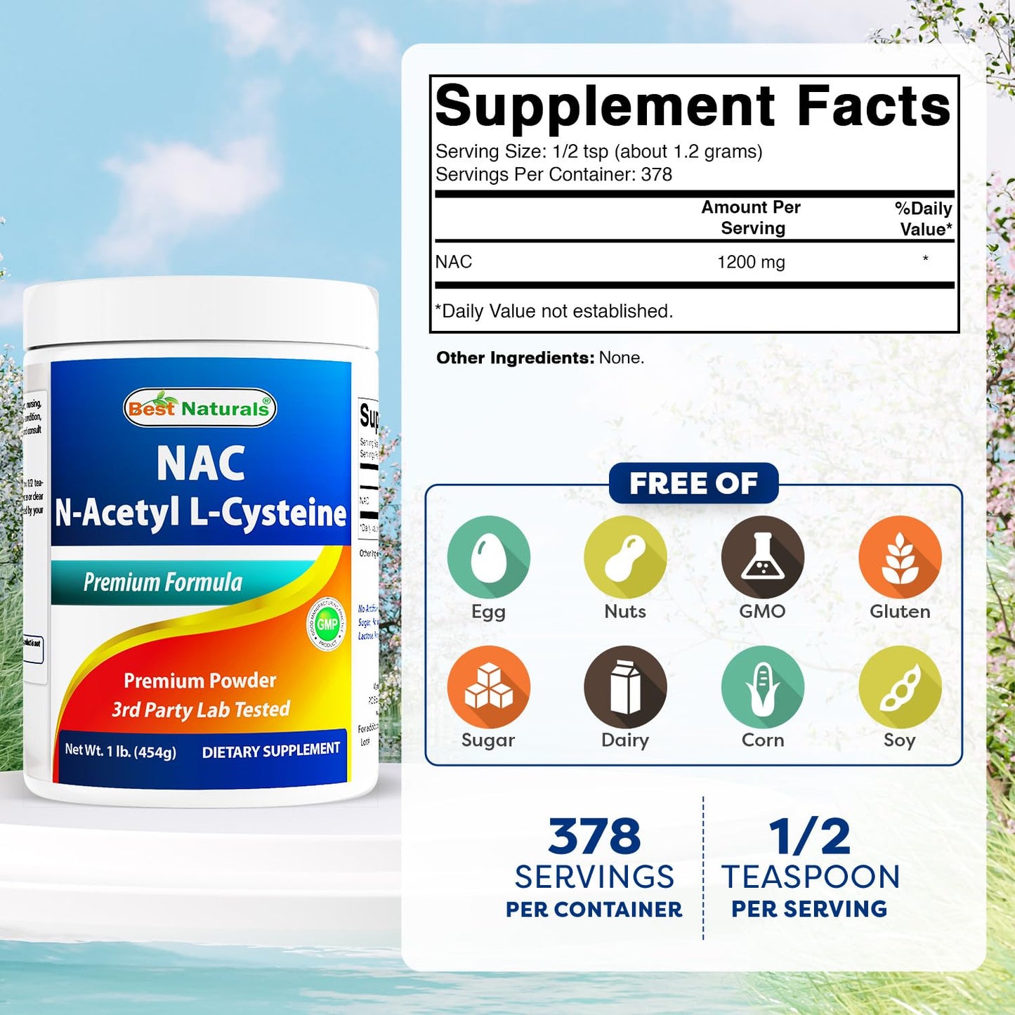 Best Naturals NAC (N-Acetyl L-Cysteine) Premium Pure Powder, Gluten Free, 16 oz