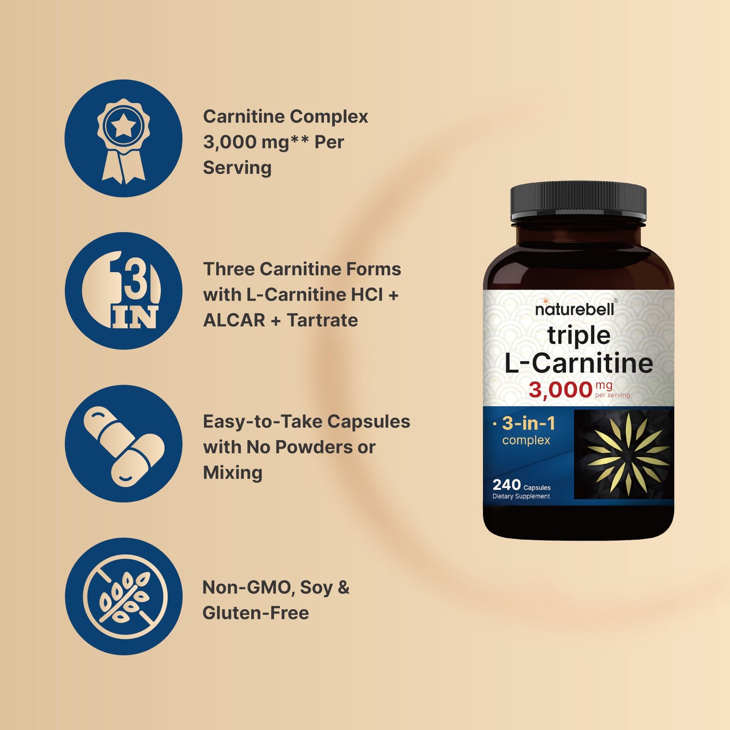 NatureBell Triple L-Carnitine 3,000 mg Per Serving, 3-in-1 Carnitine Complex with L-Carnitine HCl, ALCAR & Tartrate, 240 Capsules