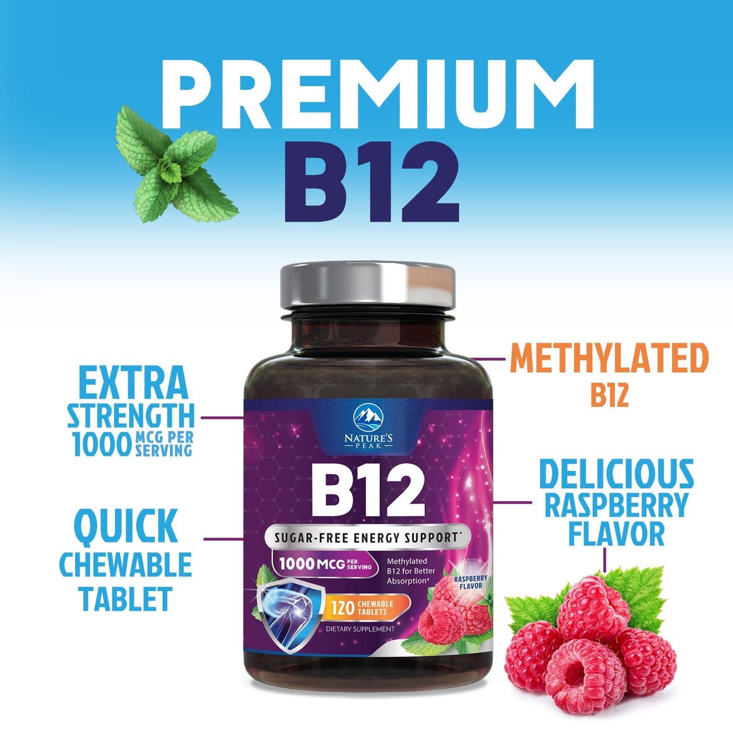 Nature's Peak Vitamin B12 Complex (Methylcobalamin) 1000 mcg, 3X Strength B12 Tablets, 120 Count