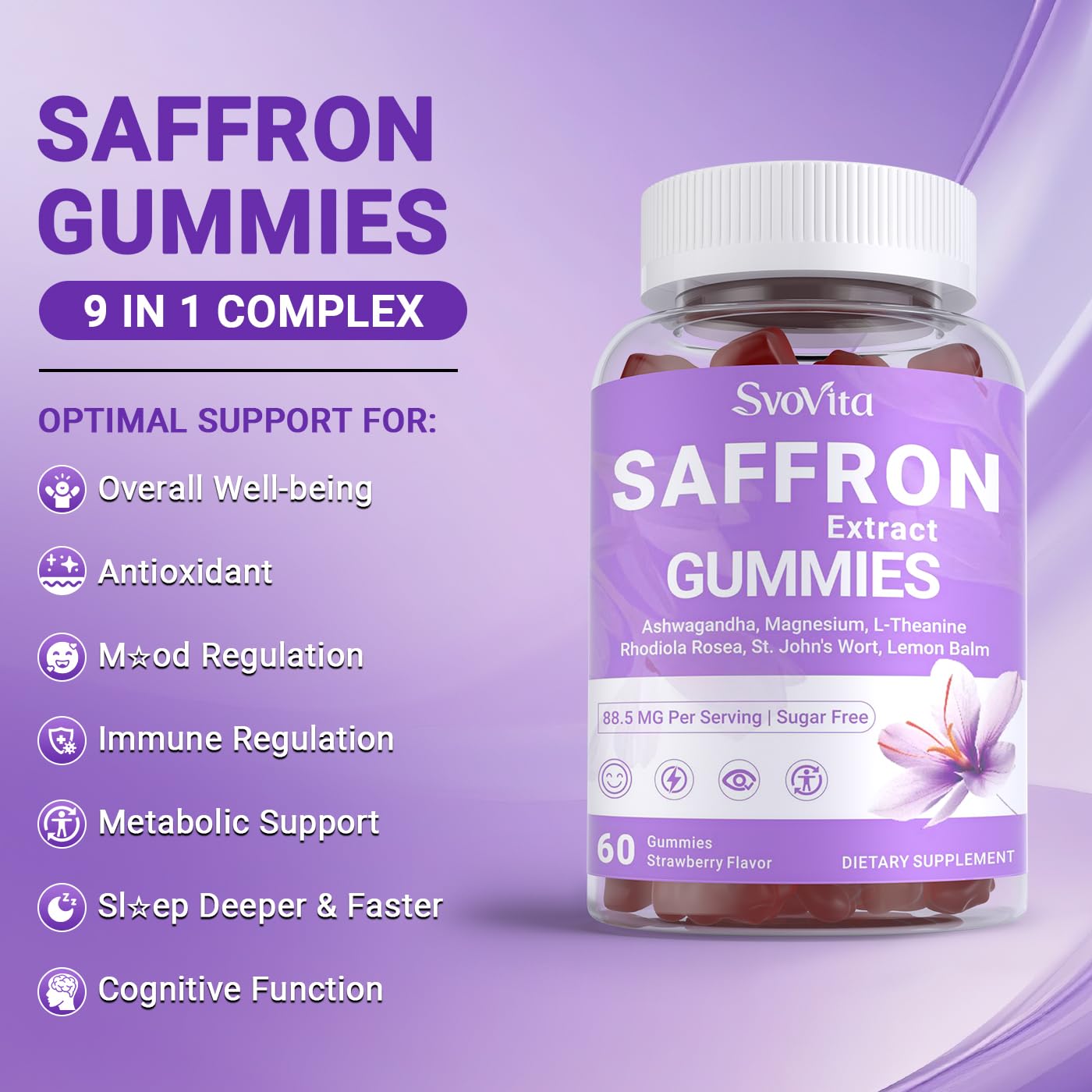 Svovita Saffron Supplements Gummies with Saffron Extract, Sugar Free, 60 Count