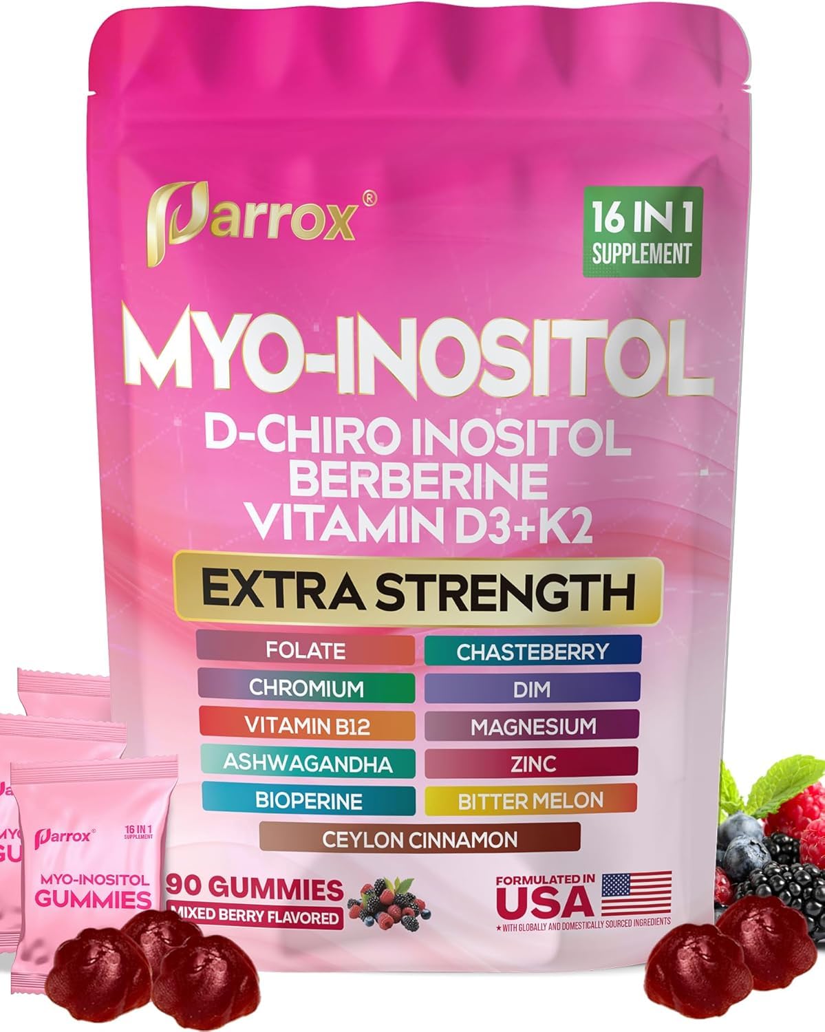 Parrox Myo-Inositol & D-Chiro Inositol Gummies with Berberine, Mixed Berry, 90 Count