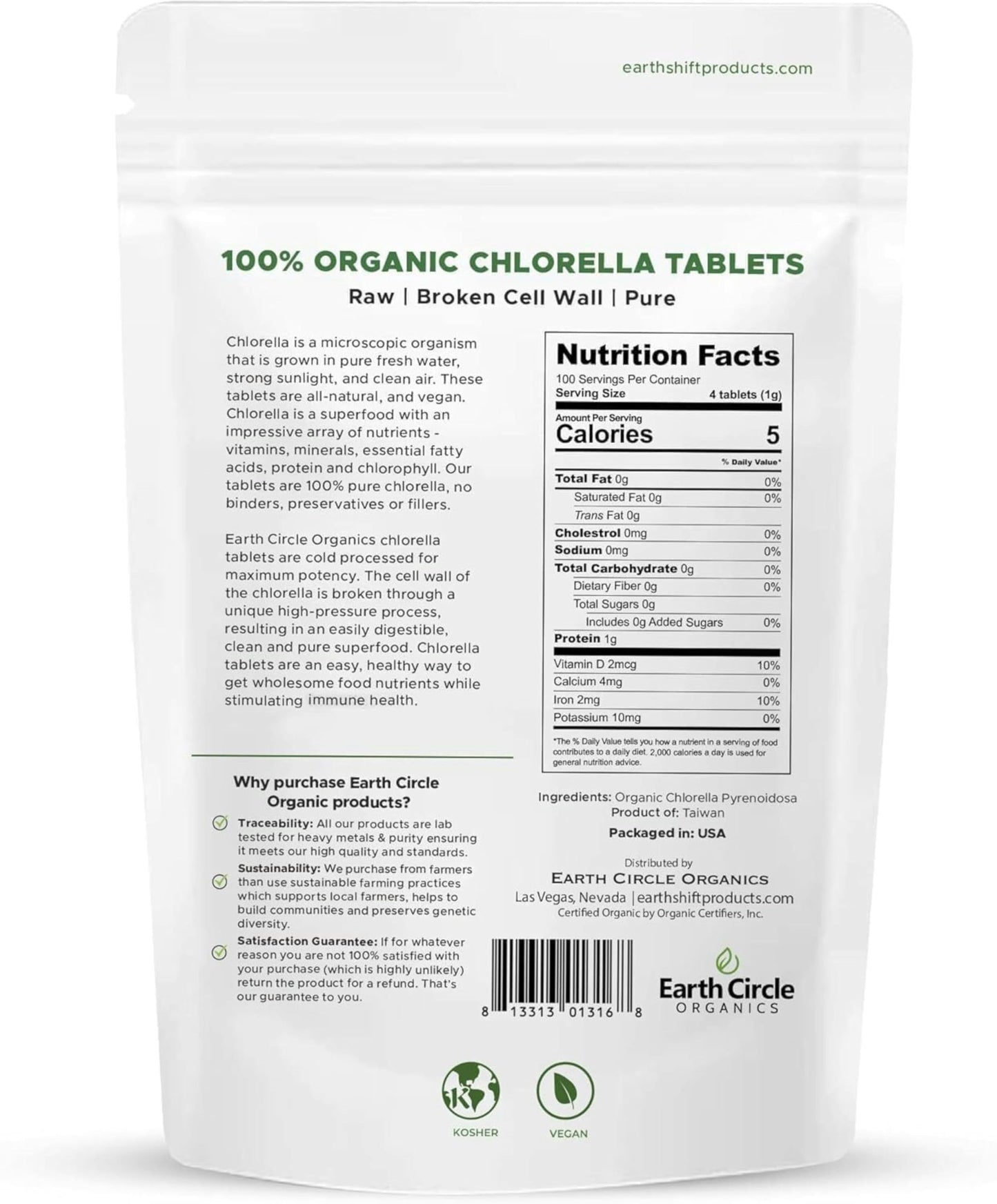 Earth Circle Organics Organic Chlorella Tablets 1000 Count