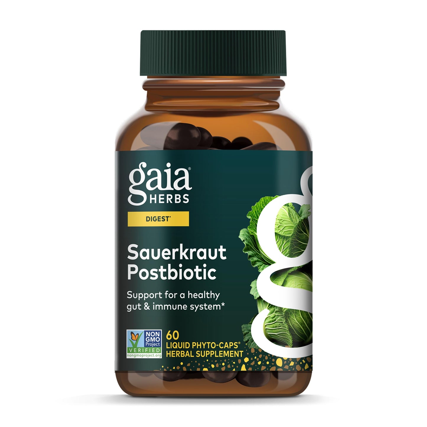 Gaia Herbs Sauerkraut Postbiotic Gut Health & Immune Support Supplement, 60 Capsules