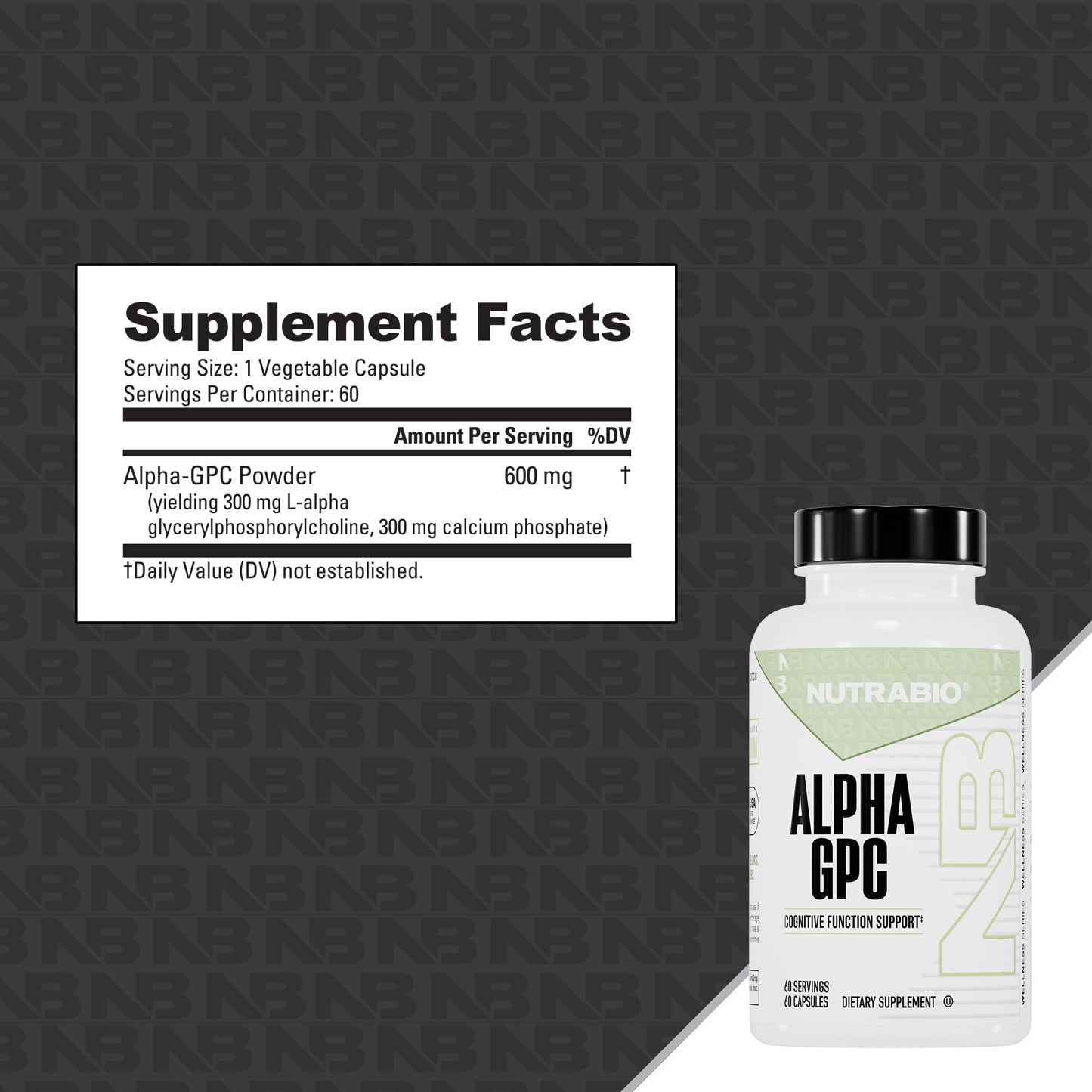 NutraBio Alpha GPC 300mg Capsules, 60 Count