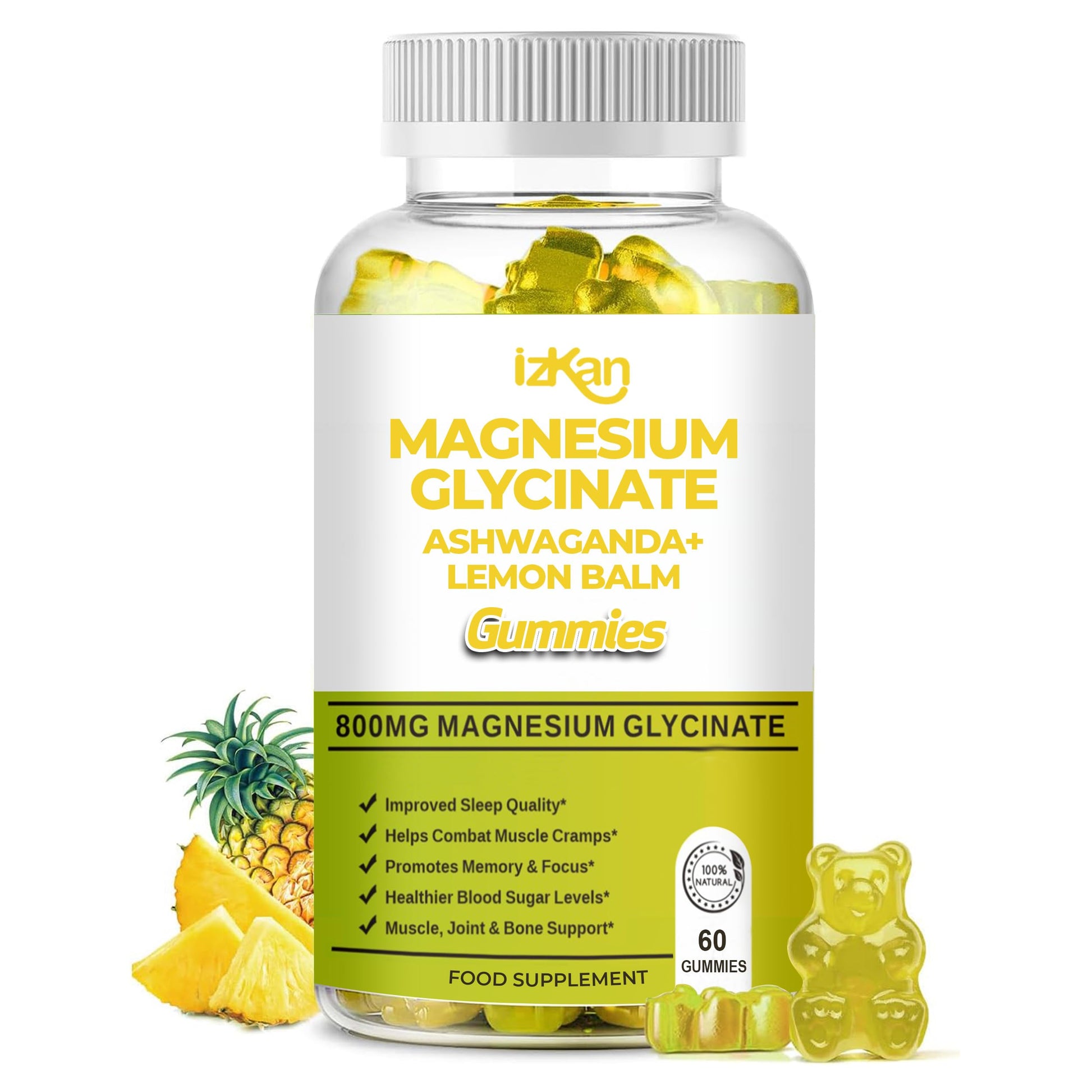 Izkan Magnesium Glycinate Gummies 800mg - Sugar Free Supplement for Adults & Kids with Ashwagandha, Lemon Balm Extract & CoQ10 for Calm Mood & Muscle, Immune Support, 60 Gummies