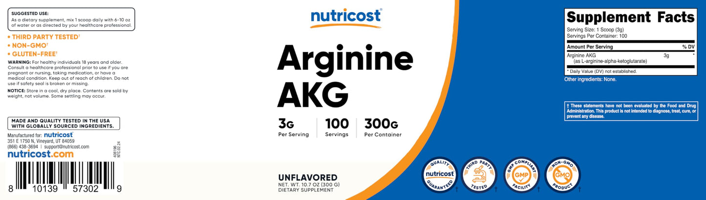 Nutricost Arginine Alpha Ketoglutarate Powder 300 Grams
