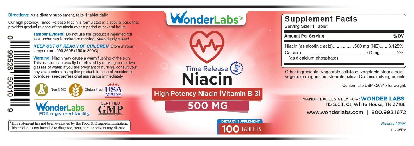 Wonder Laboratories Niacin (Vitamin B3) 500 mg Time Release Tablets, 100 Tablets
