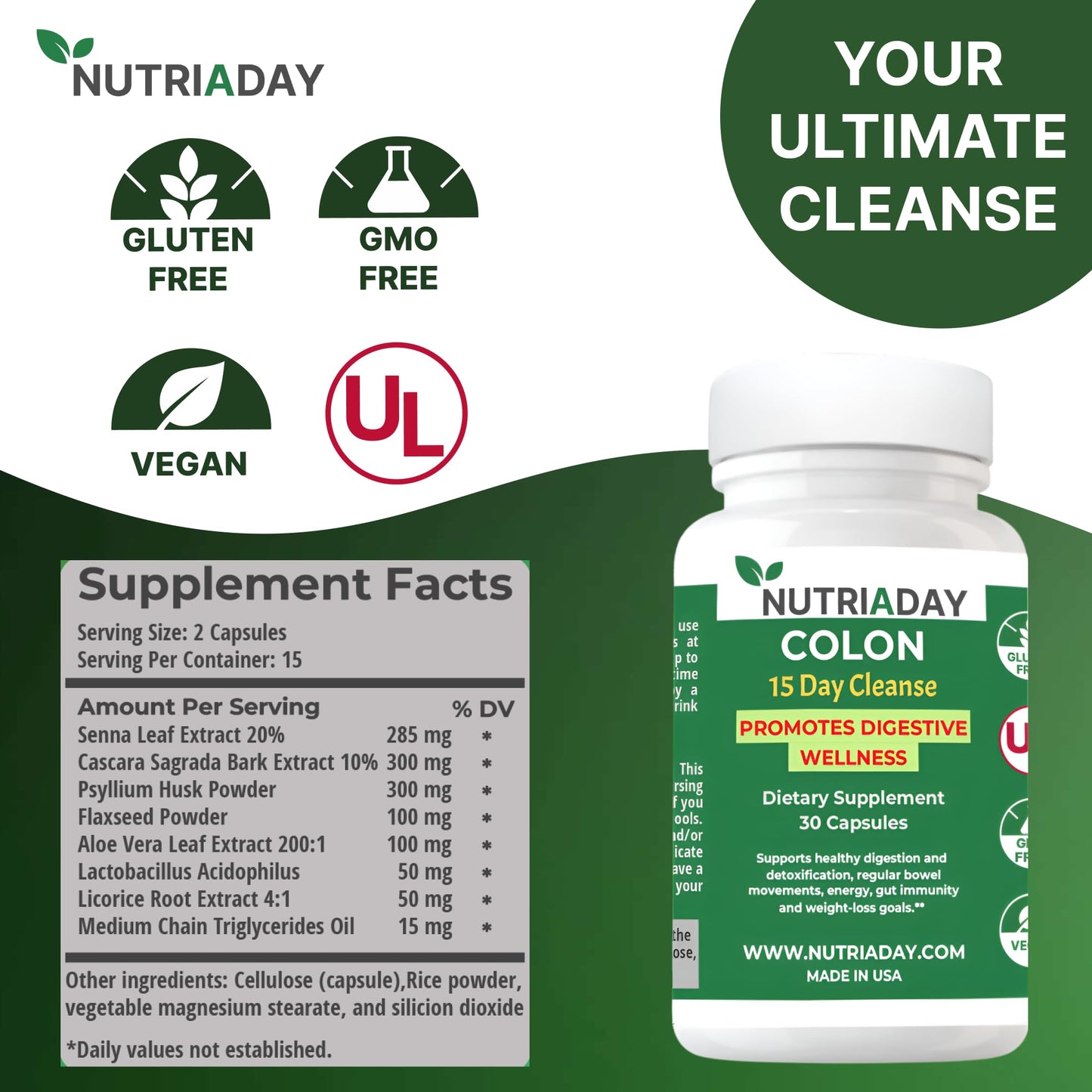 NUTRIADAY Colon 15 Day Cleanse - Advanced Gut Health Solution - Detox Cleanse for Humans with Cascara Sagrada, Psyllium Husk & Probiotics - Advanced Colon Cleanse Capsule, 30 Veg Capsules