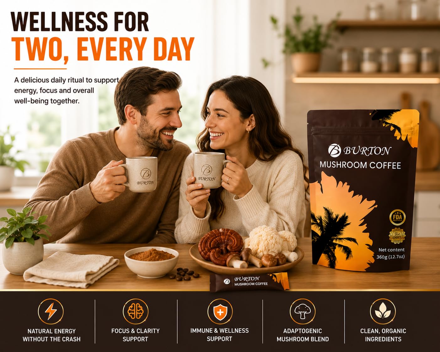 Generic BURTON Mushroom Coffee Organic Adaptogenic Mushroom Blend with Arabica Coffee, Lion’s Mane, Reishi, Shiitake & King Trumpet, 48mg Caffeine, Vegan & Keto Friendly, 30 Servings, Powder, 12.71 oz