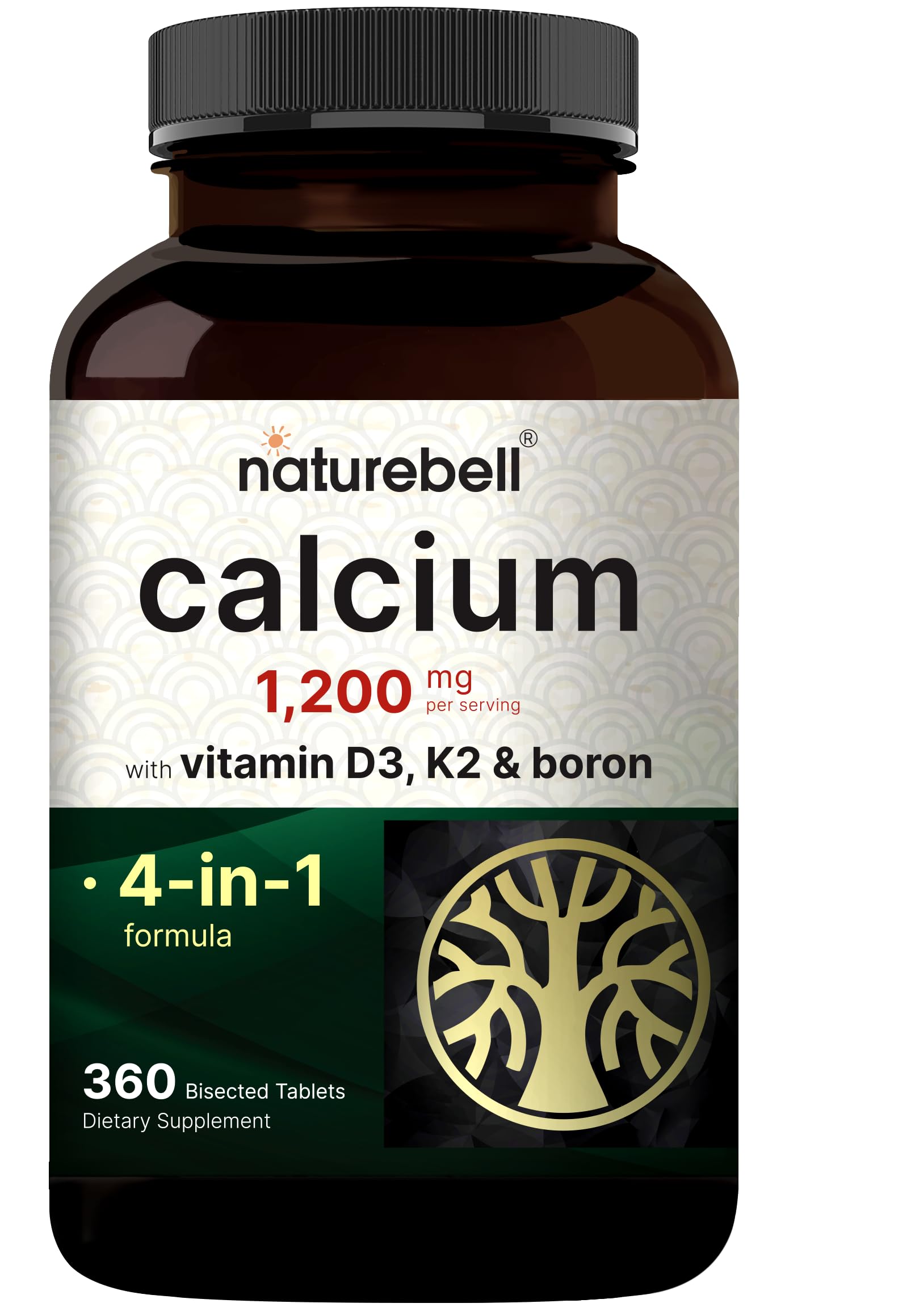 NatureBell Calcium 1,200 mg Per Serving with Vitamin D3, K2 & Boron, 360 Tablets