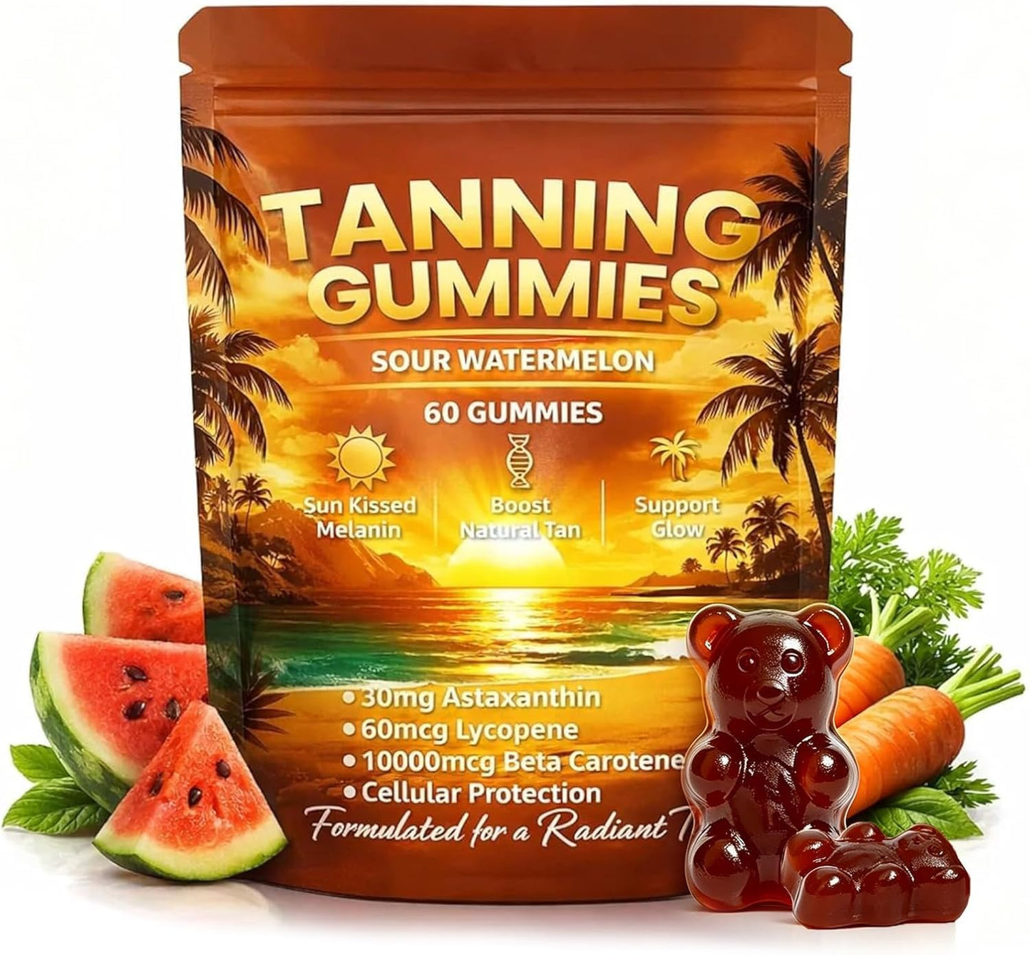 Tfnovg Tanning Gummies with Astaxanthin, Beta-Carotene, Lycopene & Vitamins Gummy, 60 Count