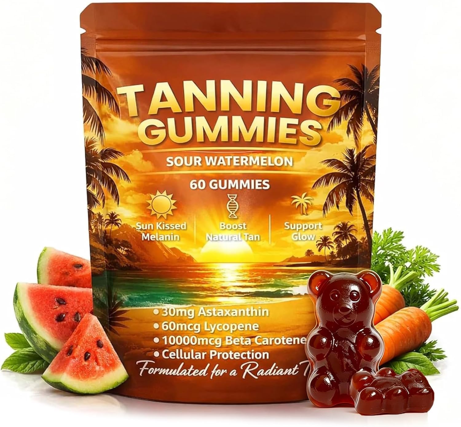 Tfnovg Tanning Gummies with Astaxanthin, Beta-Carotene, Lycopene & Vitamins Gummy, 60 Count