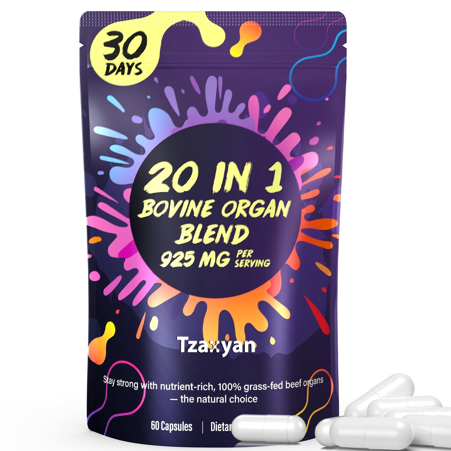 Tzaxyan Pure Beef Organ Supplement for Women 20-in-1 Grass Fed Beef Liver, Uterus, Ovary, Kidney, Heart & Fallopian Tubes with Maca, DIM, Black Cohosh Capsule 60 Count