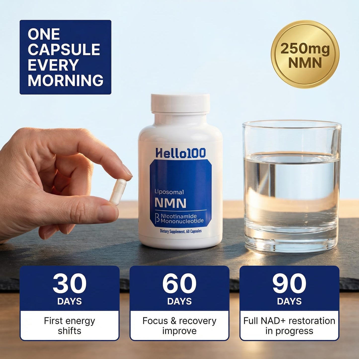 HELLO100 NMN Supplement 500mg Capsules 60 Count