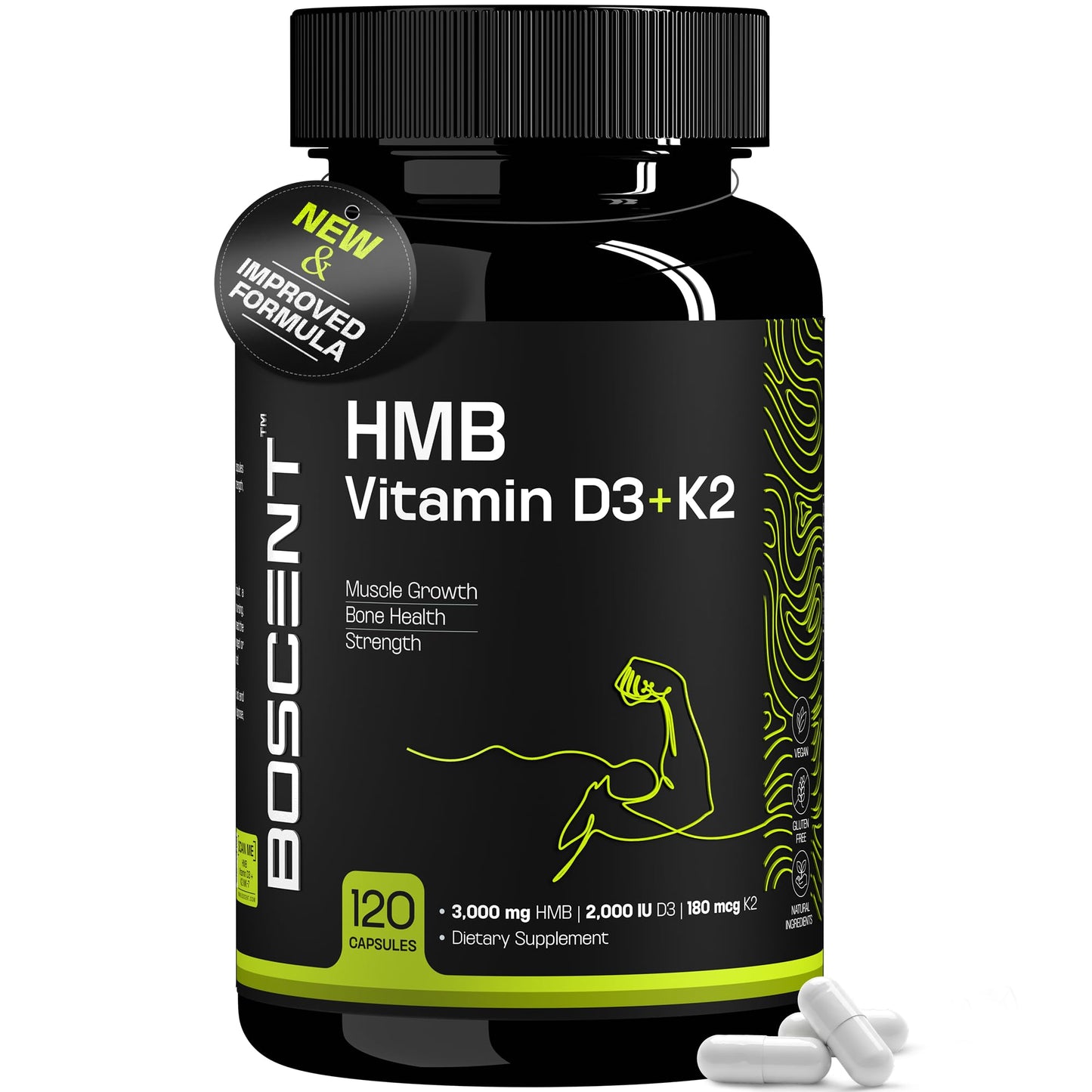 BOSCENT HMB 3000mg Supplement Vitamin D3 K2 + Calcium Capsules 180 Count