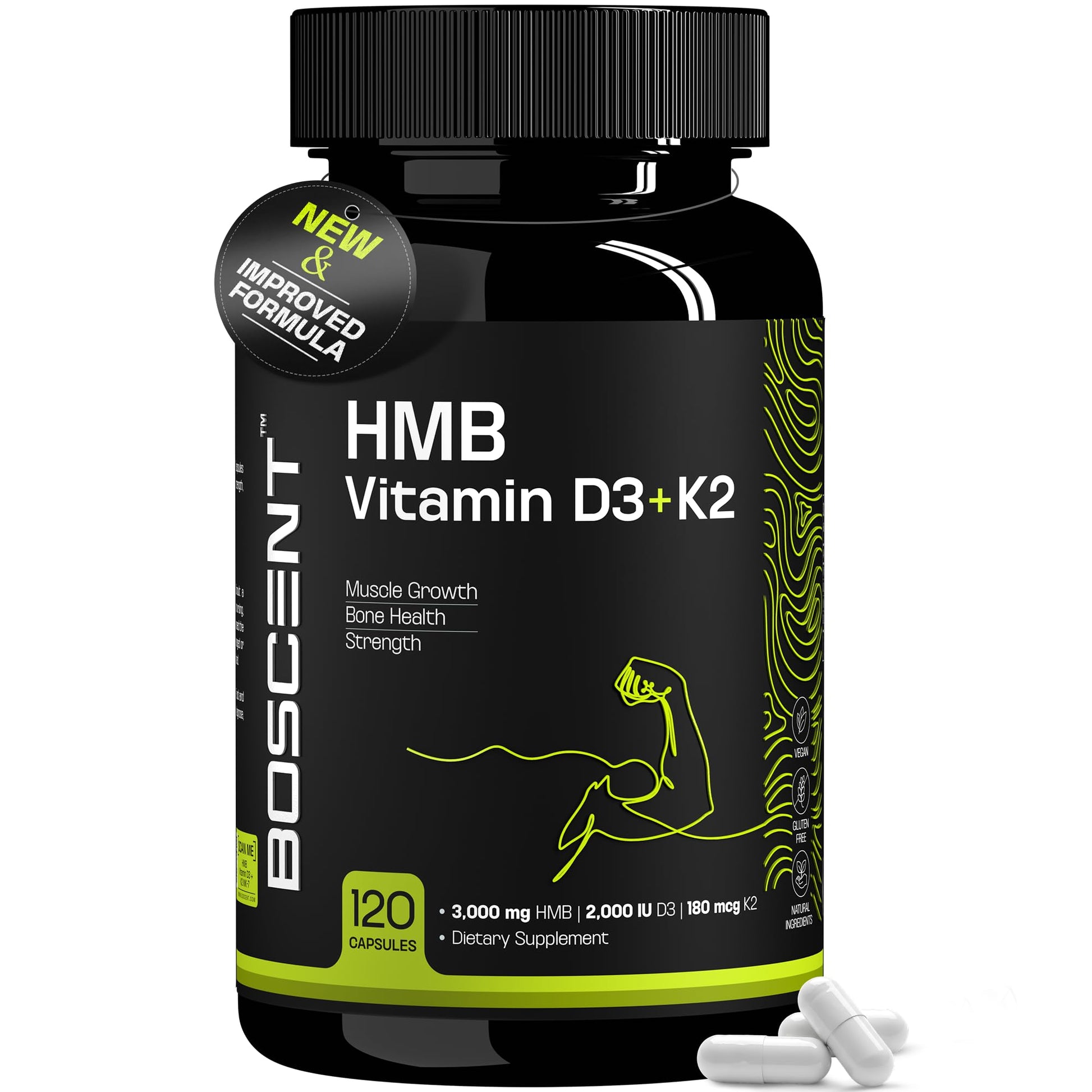 BOSCENT HMB 3000mg Supplement Vitamin D3 K2 + Calcium Capsules 180 Count