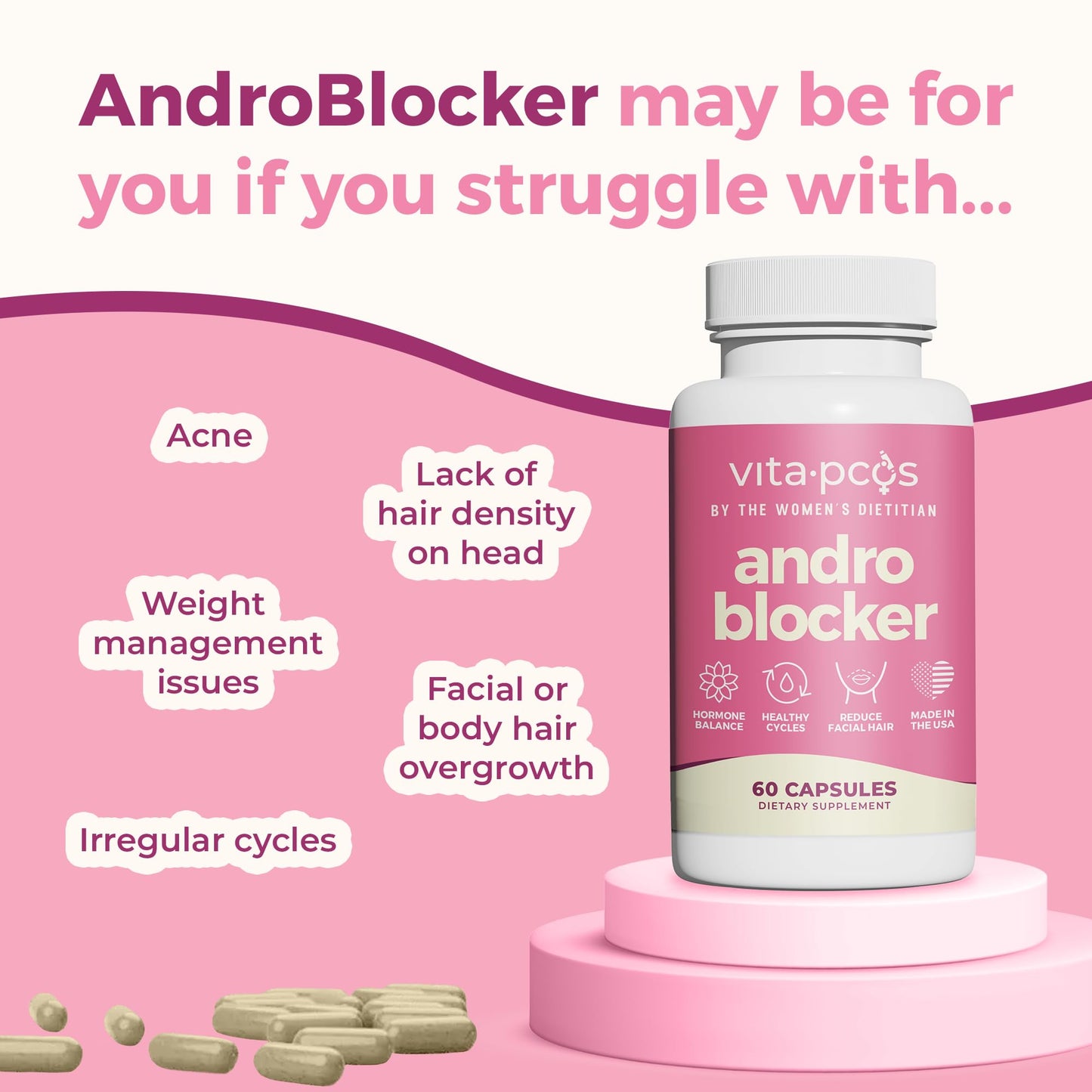 VITA-PCOS AndroBlocker 8-in-1 Women Supplement with Inositol & Zinc Capsules, 60 Count