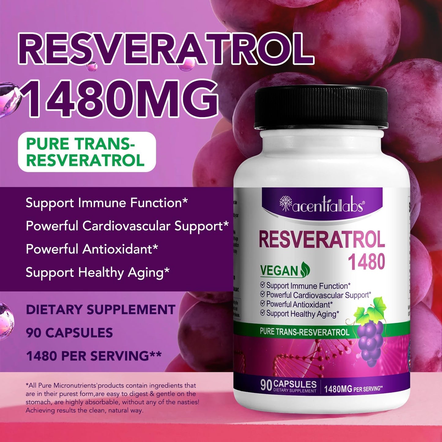 ZIXAOK Trans-Resveratrol 1480mg Per Serving Capsules, 90 Count