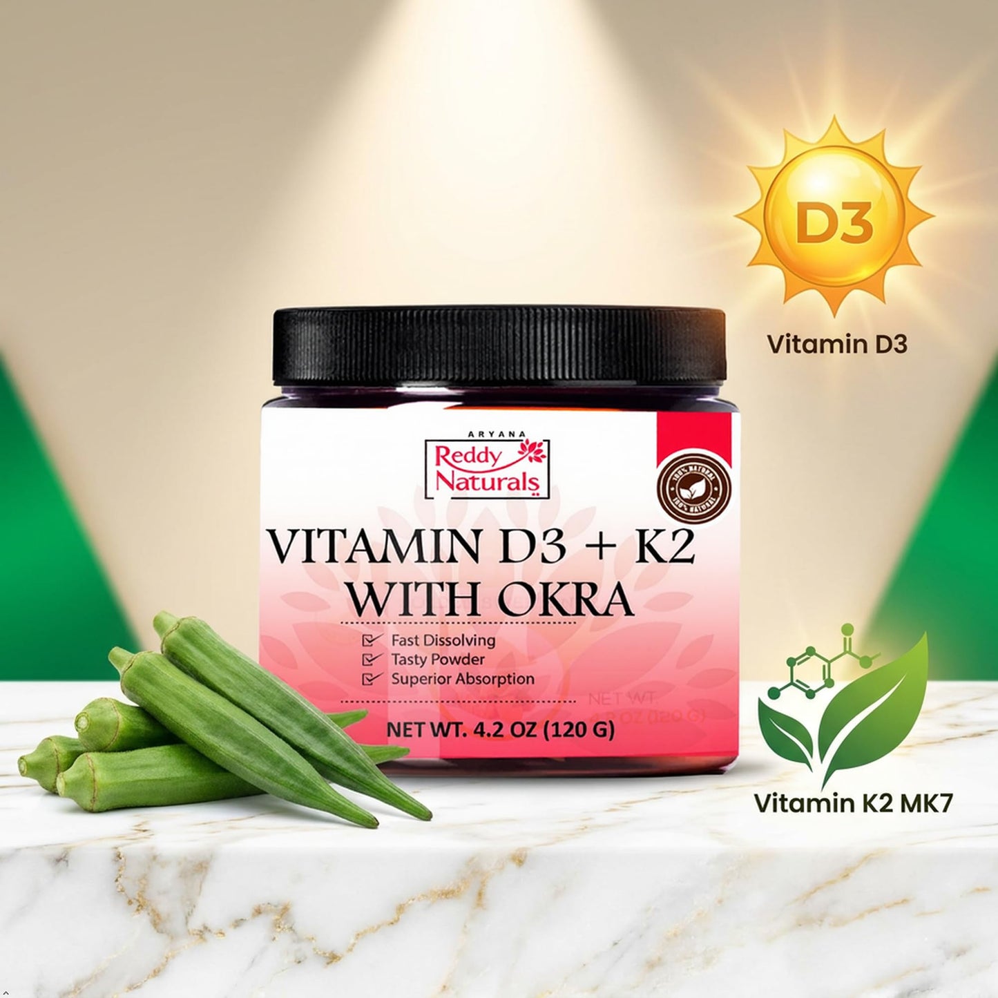 Reddy Naturals Vitamin D3 K2 MK7 Powder with Okra 4.2 oz