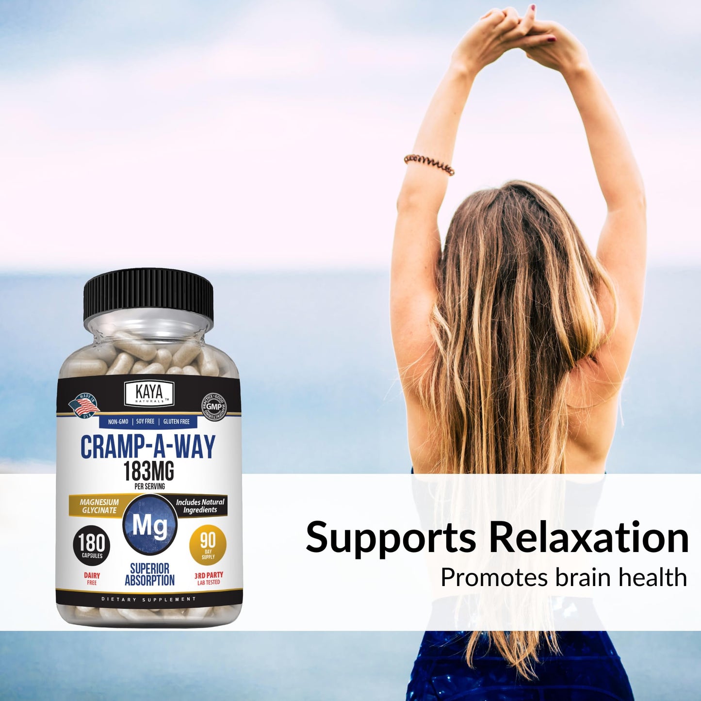 Kaya Naturals Cramp-A-Way Magnesium Glycinate 183mg Capsules, 180 Count