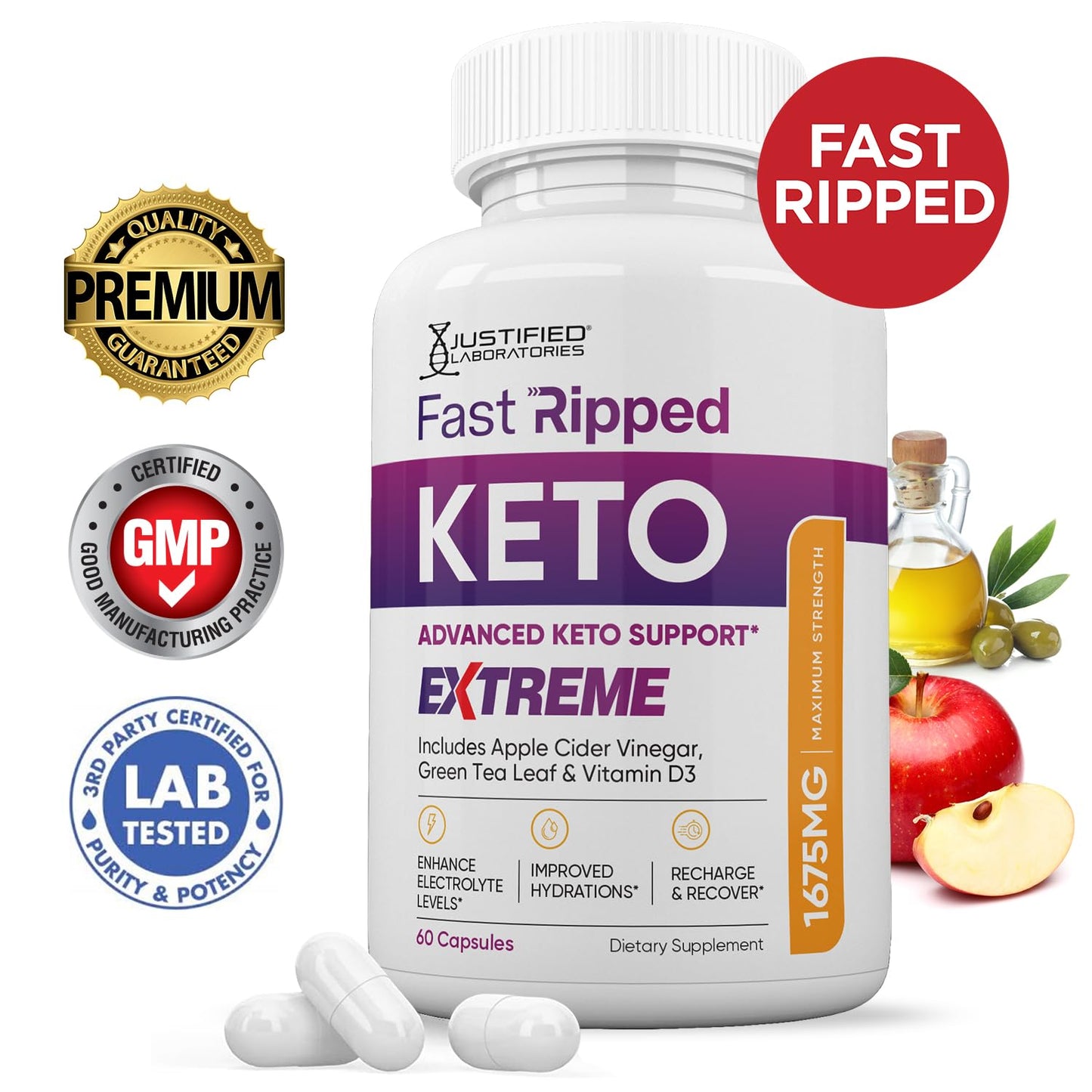 Justified Laboratories Fast Ripped Keto ACV Extreme Pills 1675MG Keto Support Blend 180 Capsules