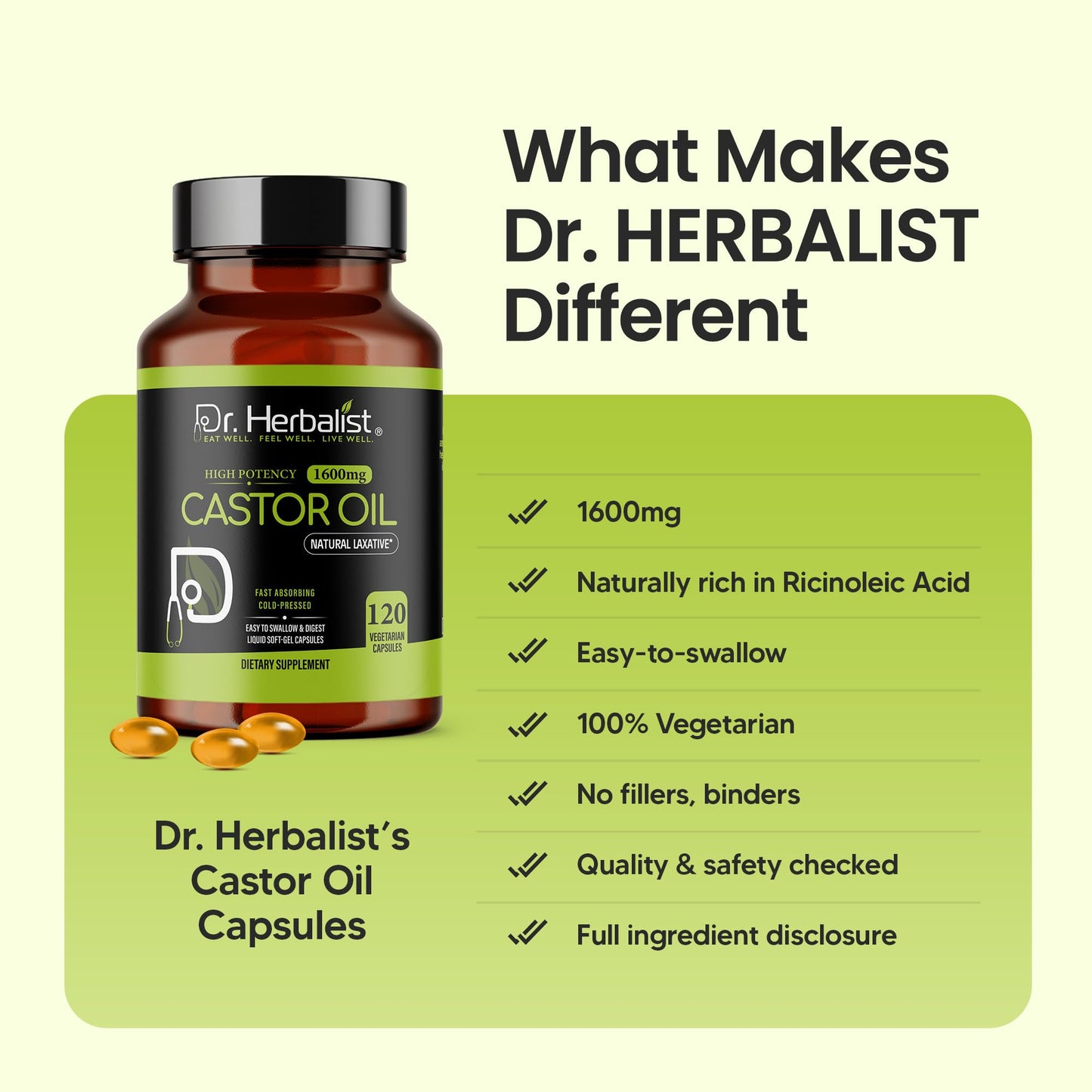 Dr. HERBALIST Castor Oil Capsules 1600mg Softgel 120 Count