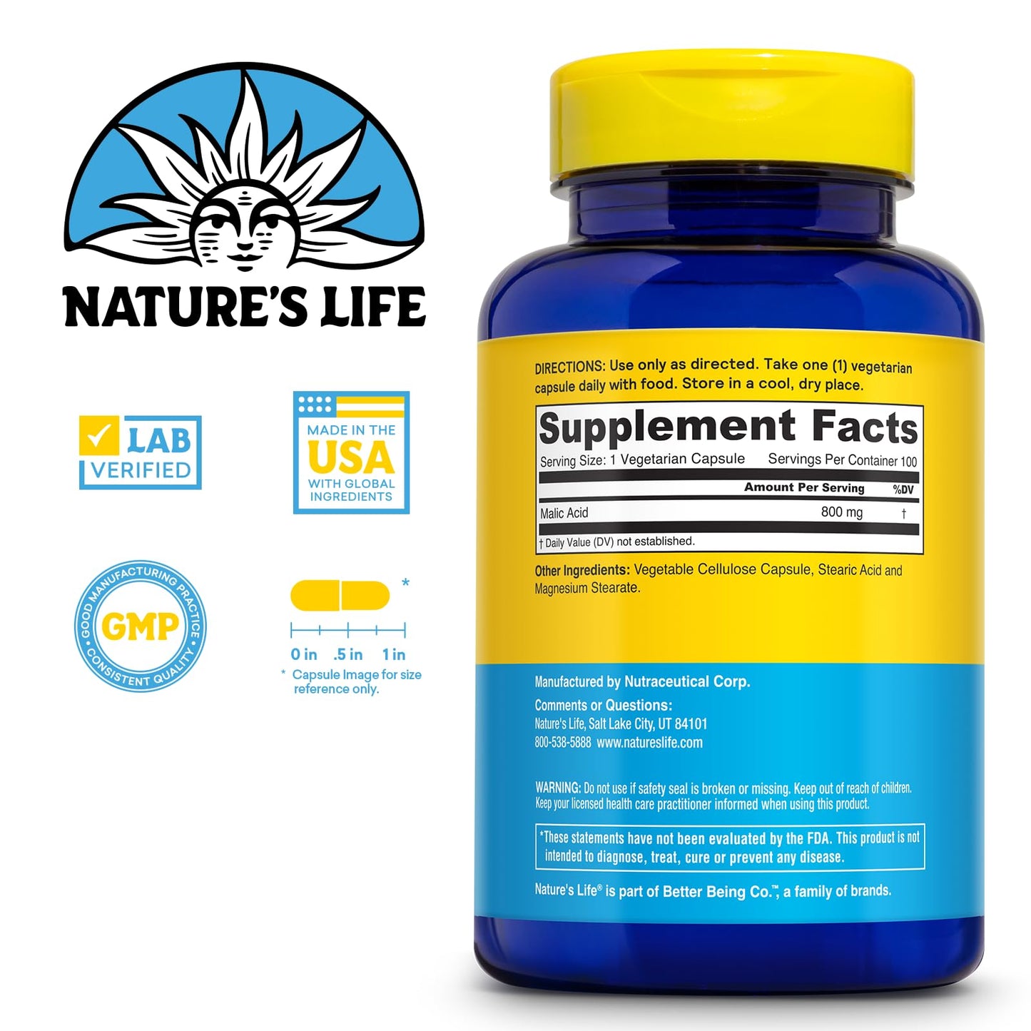 Nature's Life Malic Acid 800 mg Capsules, 100 Count