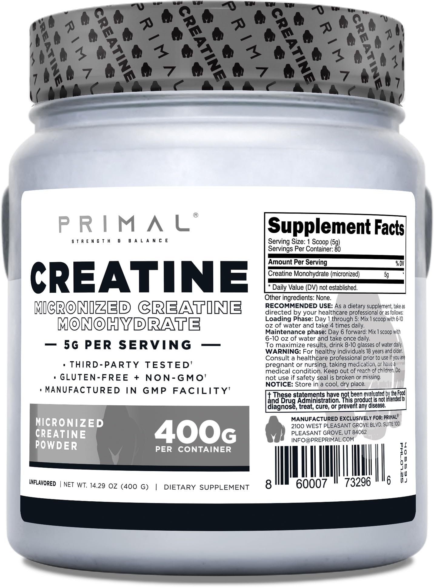 Primal Creatine Monohydrate Powder, 14.11 Ounce