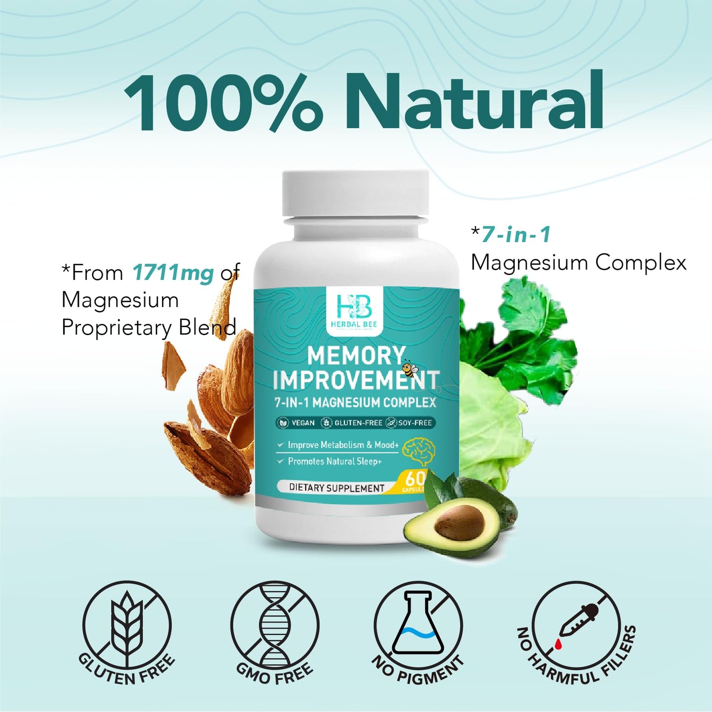 Herbal Bee 7-in-1 Magnesium Complex Capsules - High Absorption Memory, Sleep & Mood Support - Magnesium Glycinate, Malate, Taurate, Citrate and More - Vegan, Gluten-Free, Soy-Free, 60 Capsules
