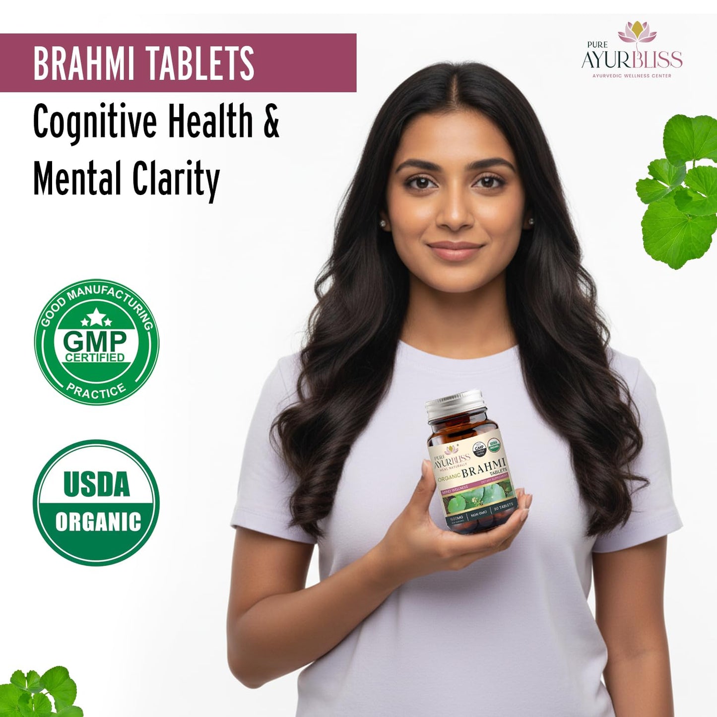 PureAyurbliss 100% Organic Brahmi with Bacopa monnieri Extract, Ayurvedic Cognitive Support for Memory, Focus, and Mental Clarity, 90 Tablets