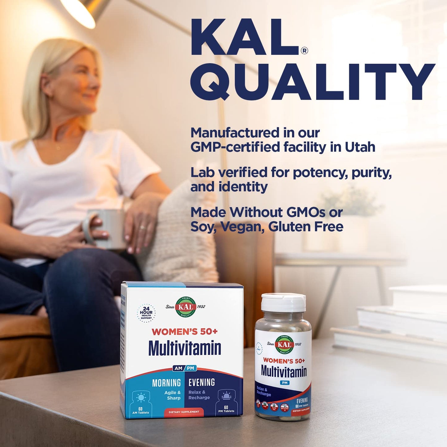 KAL Plus 2-in-1 Multivitamin for Women 50+, AM/PM Vitamin B and D, Biotin, Ginkgo Biloba, Bone Strength and Immune Support, 120 Tablets