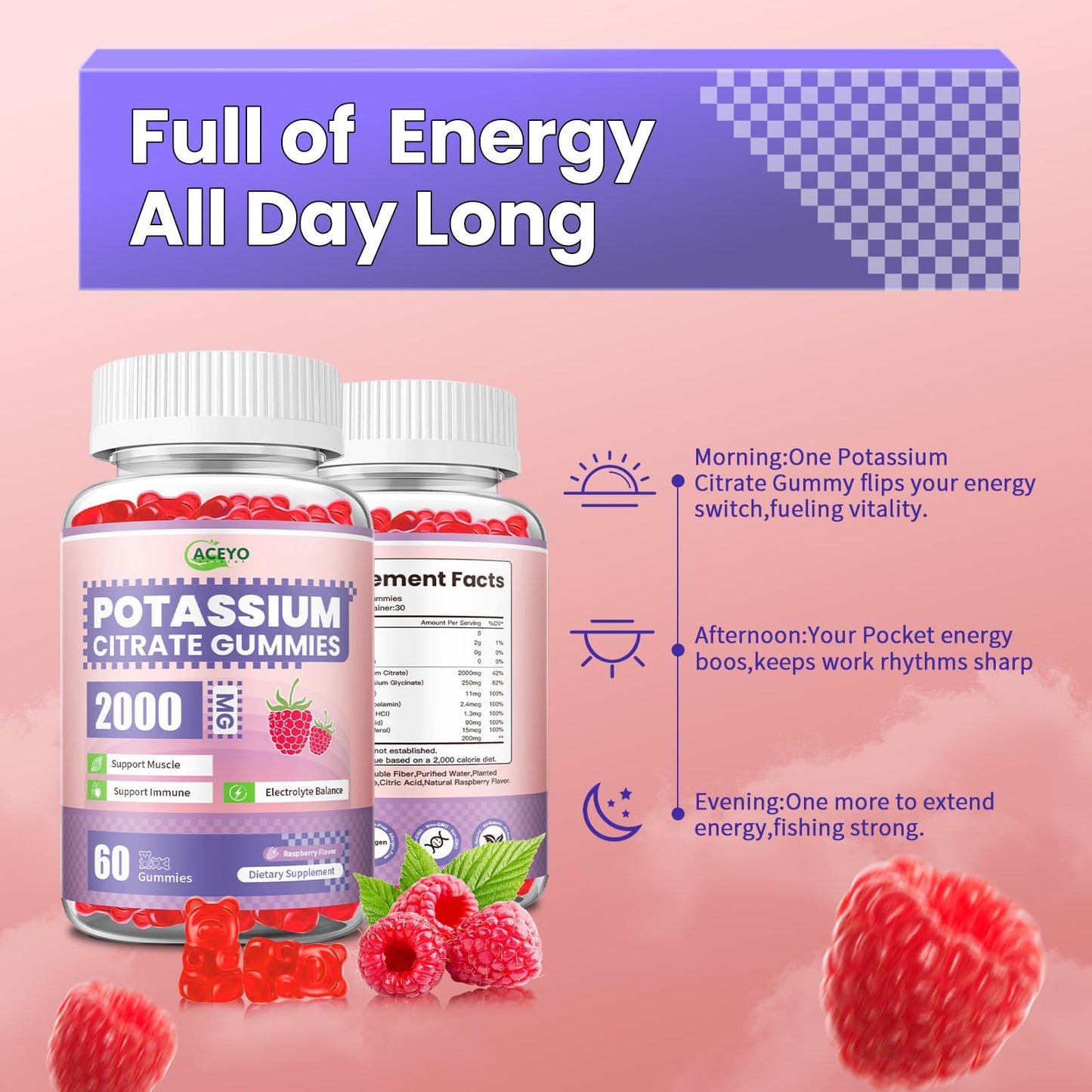 ACEYO Potassium Citrate Gummies 2000mg, 60 Count