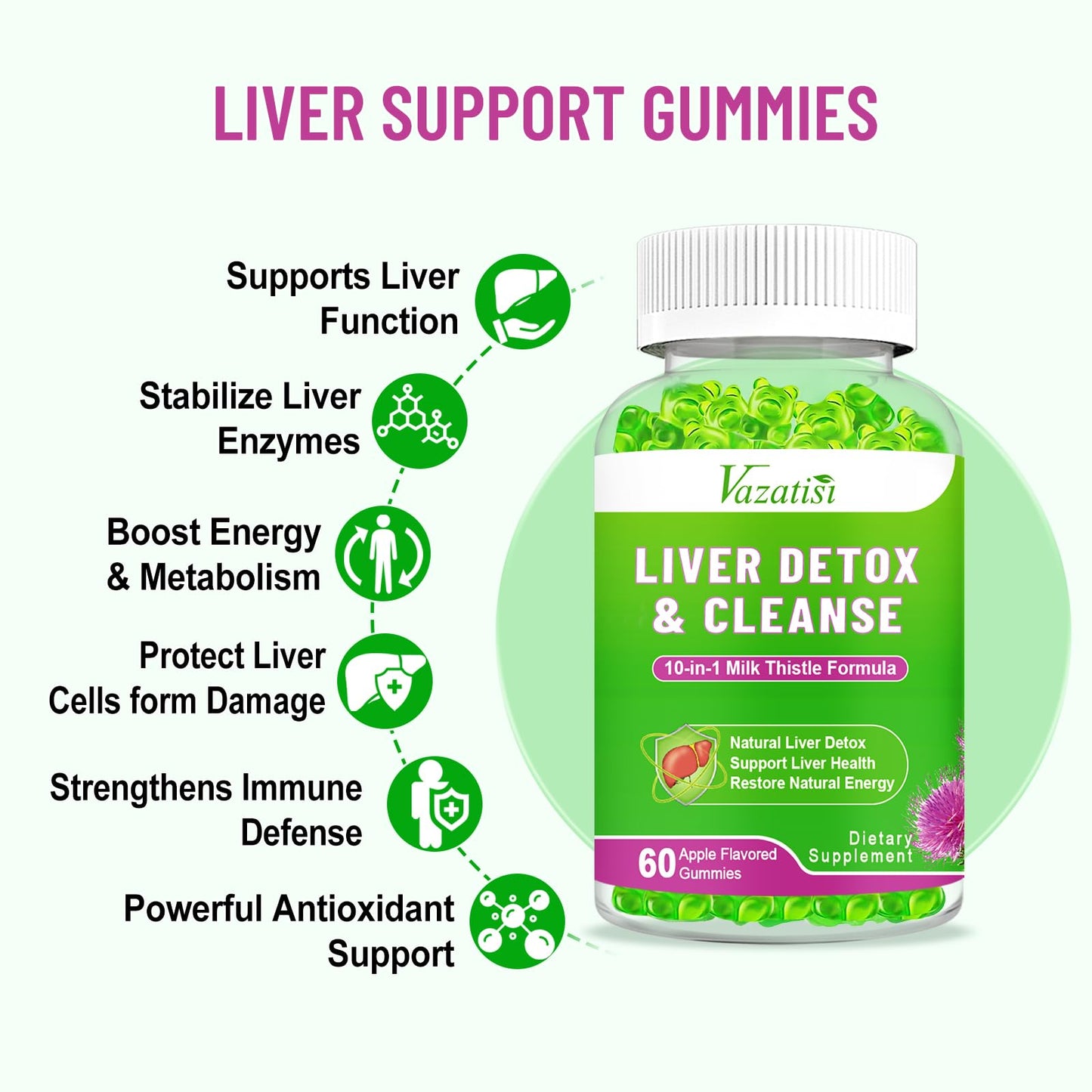 Vazatisi Liver Cleanse Detox Repair Gummies, Milk Thistle with Artichoke & Dandelion for Liver Support, Apple Flavor, 120 Count