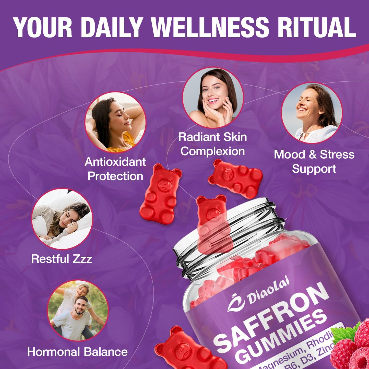 DIAOLAI Max Strength Saffron Gummies 88.5mg with Magnesium, St. John's Wort & Rhodiola for Mood Support, Focus - Sugar-Free, 60 Count